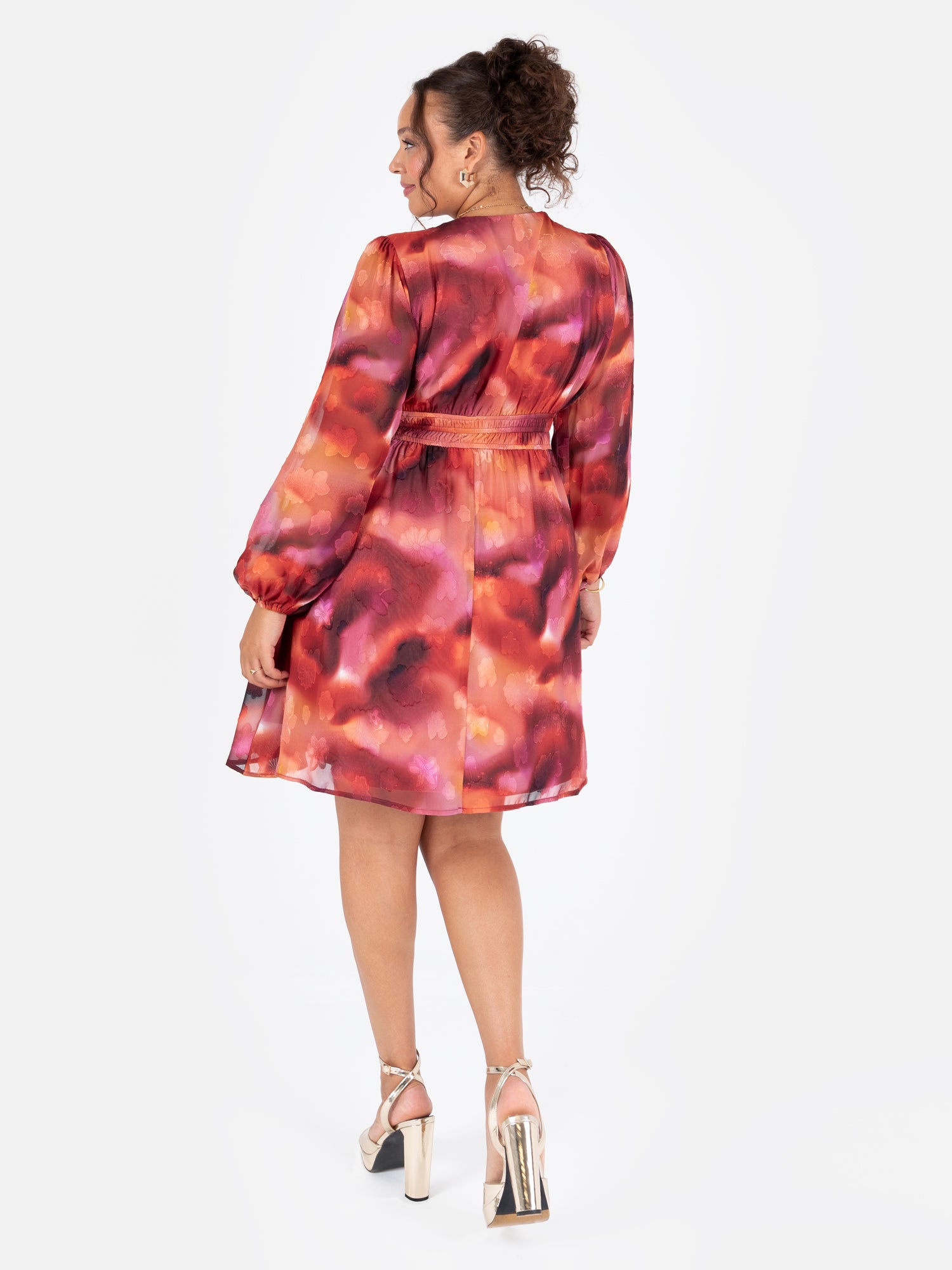 Lovedrobe Floral Burnout Long Sleeve V Neck Mini Dress