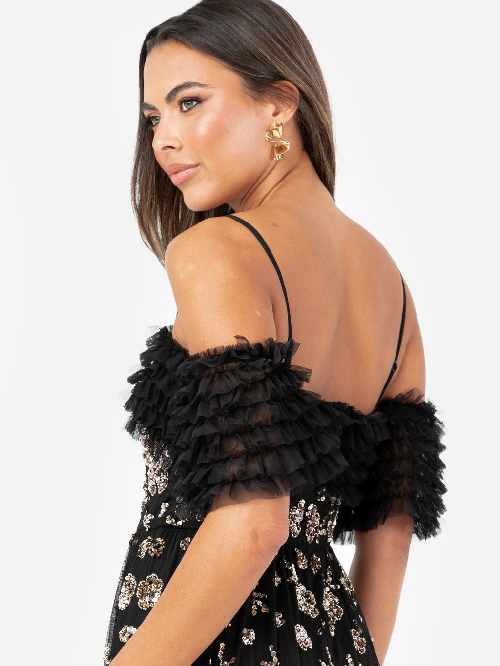 Maya Black Embellished Ruffle Bardot Maxi Dress