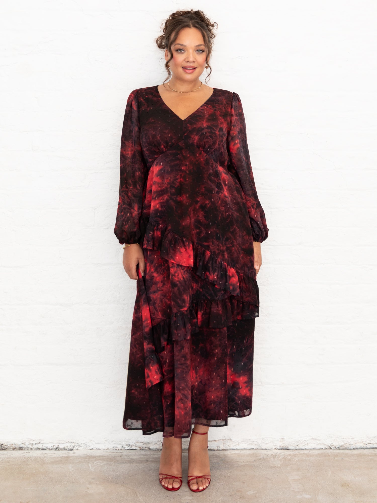 Lovedrobe Abstract V Neck Blouson Sleeve Ruffle Midaxi Dress