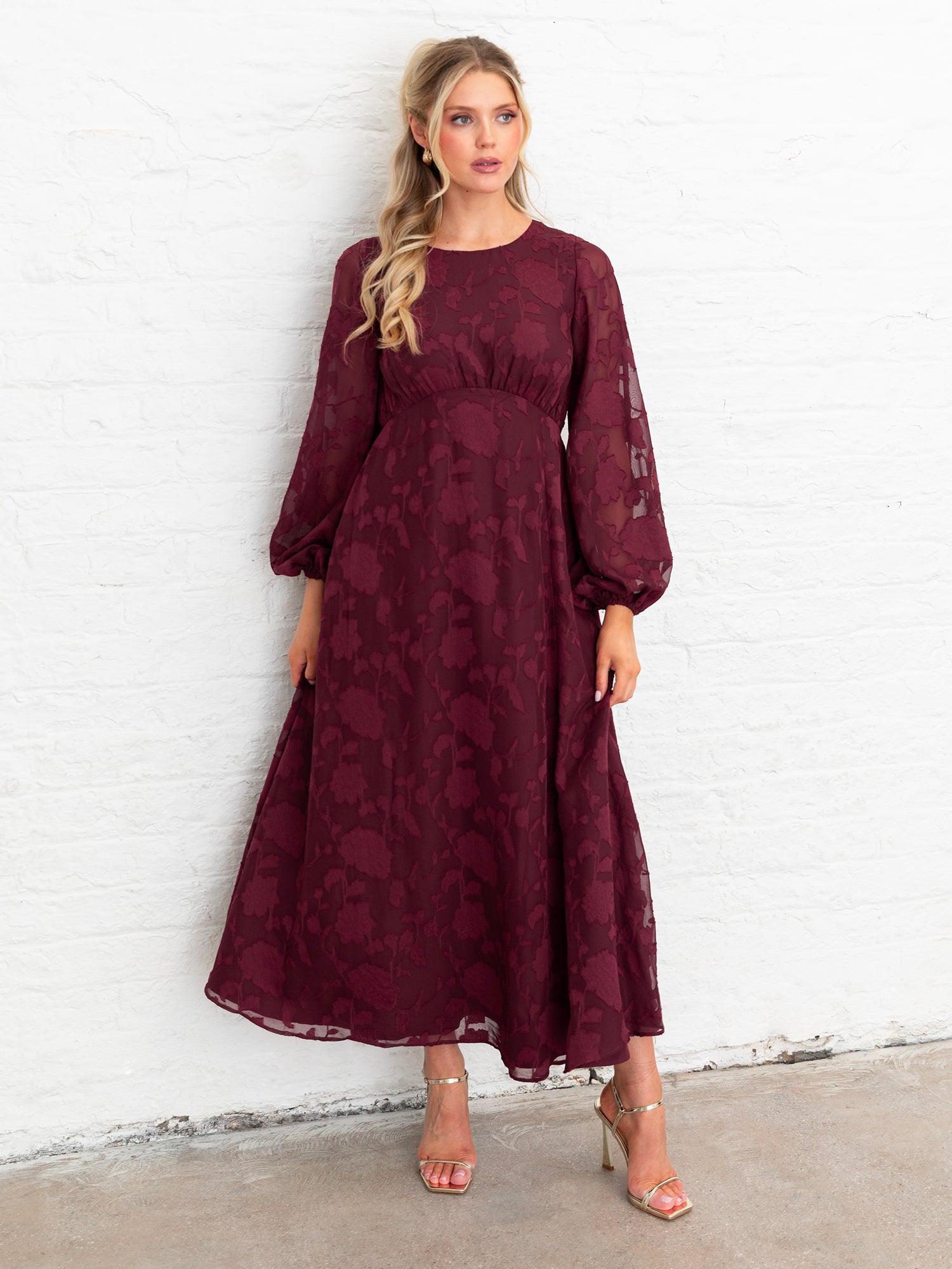 Lovedrobe Red Floral Burnout Long Sleeve Keyhole Back Midaxi Dress