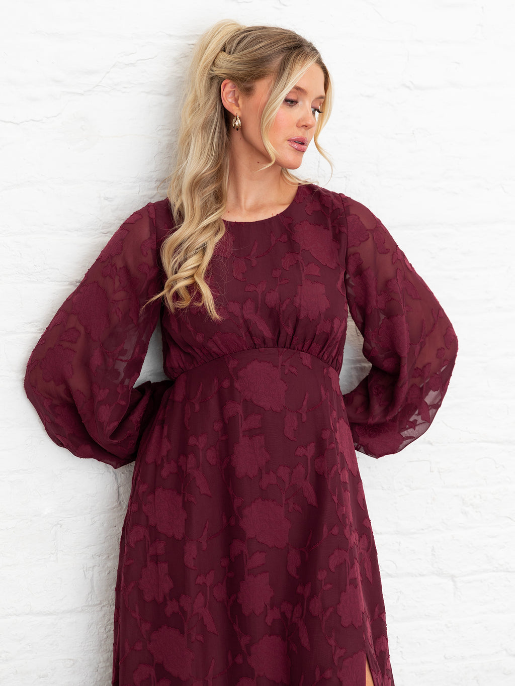 Lovedrobe Red Floral Burnout Long Sleeve Keyhole Back Midaxi Dress