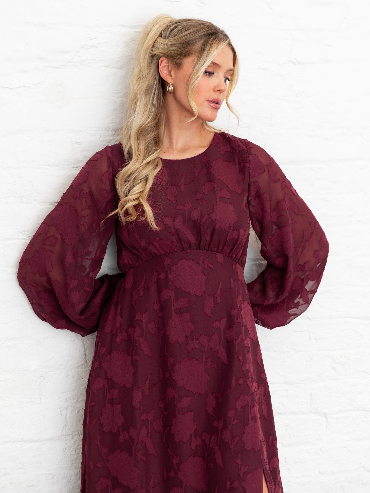 Lovedrobe Red Floral Burnout Long Sleeve Keyhole Back Midaxi Dress