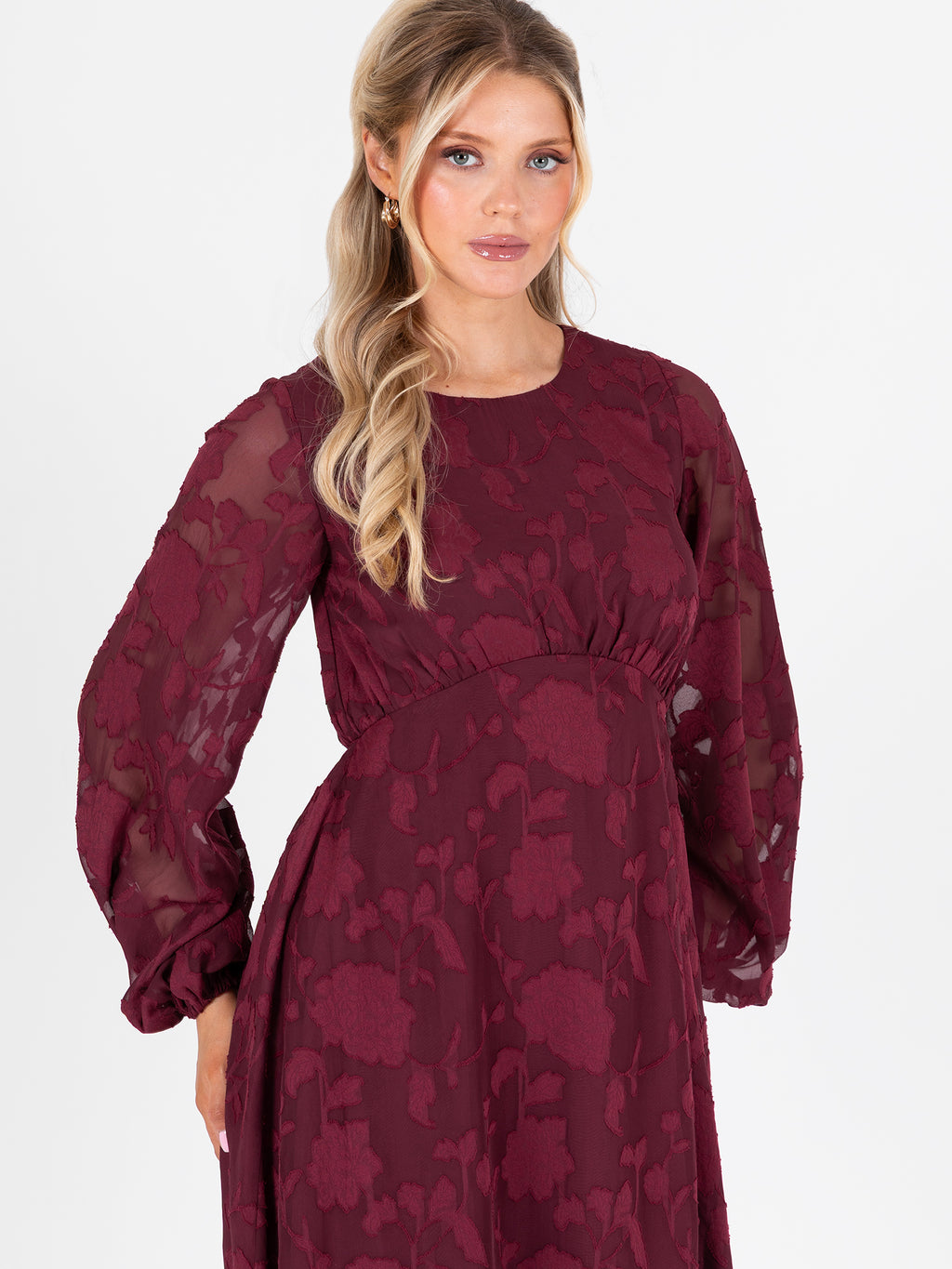 Lovedrobe Red Floral Burnout Long Sleeve Keyhole Back Midaxi Dress