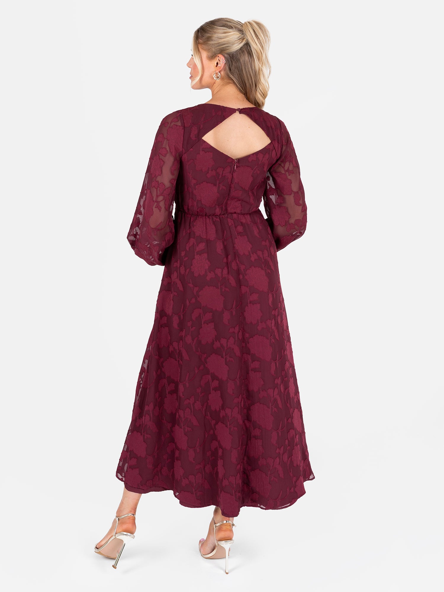 Lovedrobe Red Floral Burnout Long Sleeve Keyhole Back Midaxi Dress
