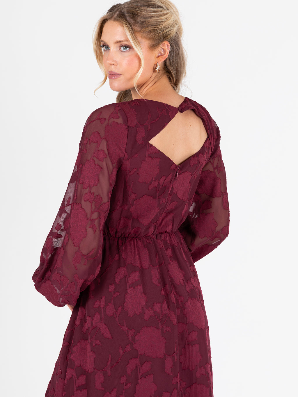 Lovedrobe Red Floral Burnout Long Sleeve Keyhole Back Midaxi Dress