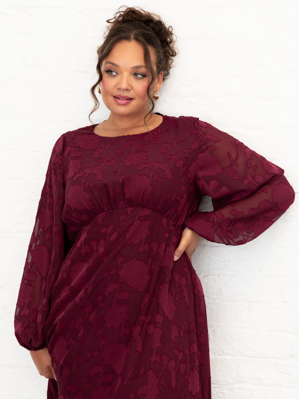 Lovedrobe Red Floral Burnout Long Sleeve Keyhole Back Midaxi Dress