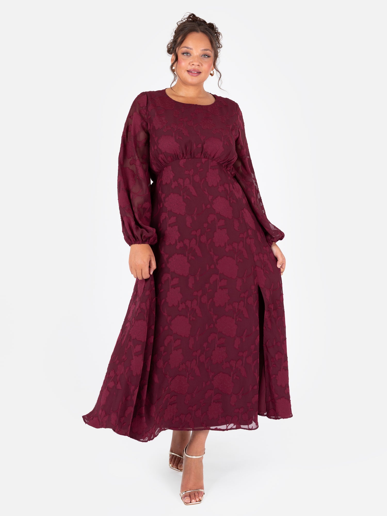 Lovedrobe Red Floral Burnout Long Sleeve Keyhole Back Midaxi Dress