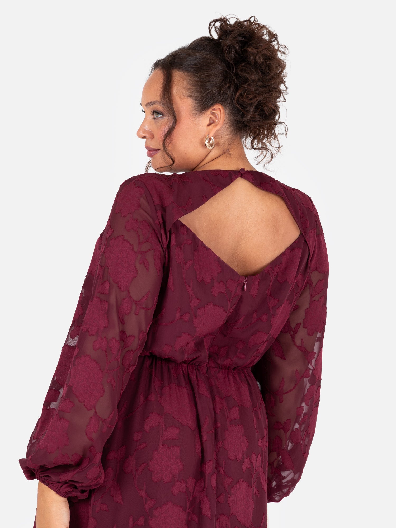 Lovedrobe Red Floral Burnout Long Sleeve Keyhole Back Midaxi Dress