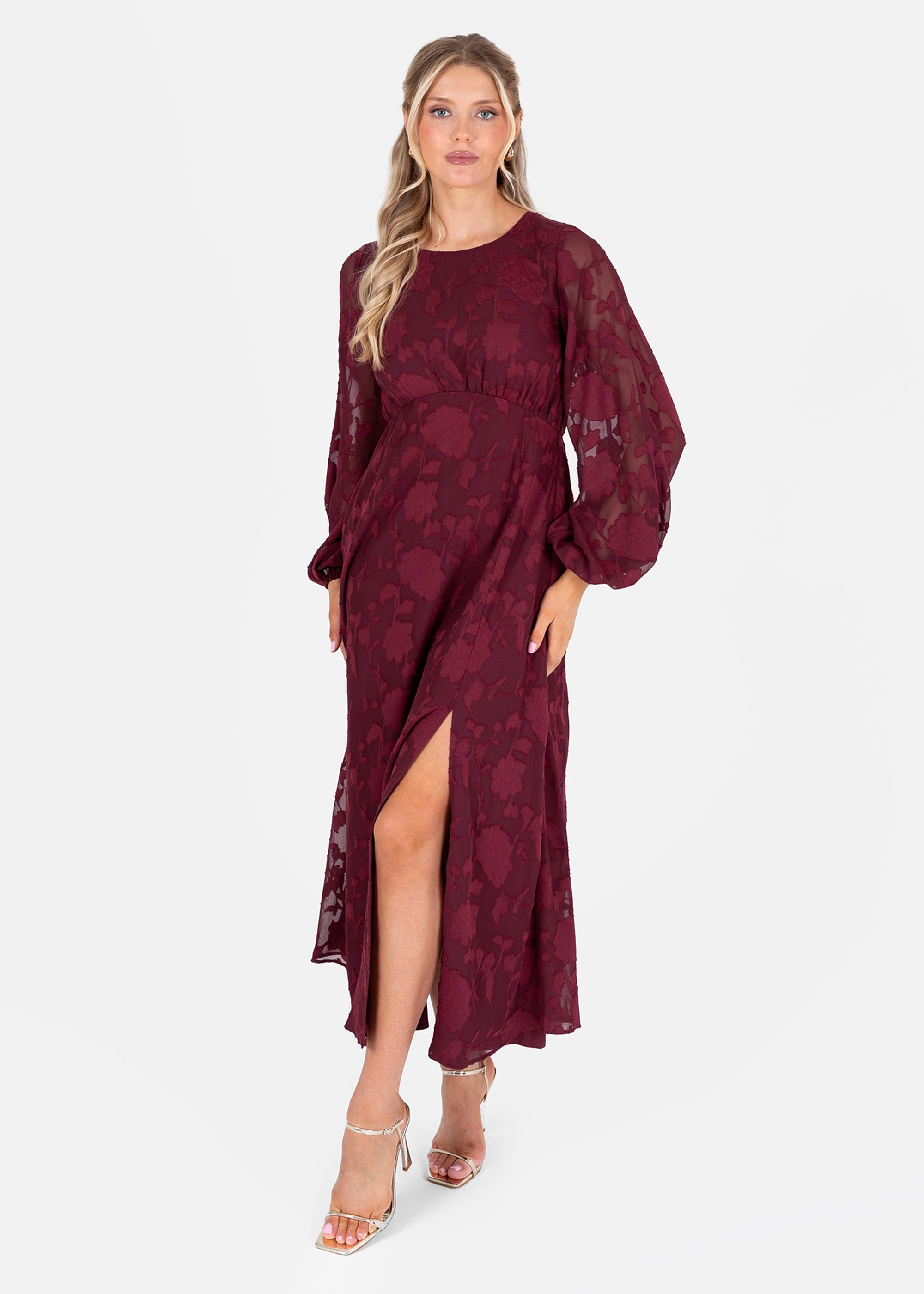 Lovedrobe Red Floral Burnout Long Sleeve Keyhole Back Midaxi Dress