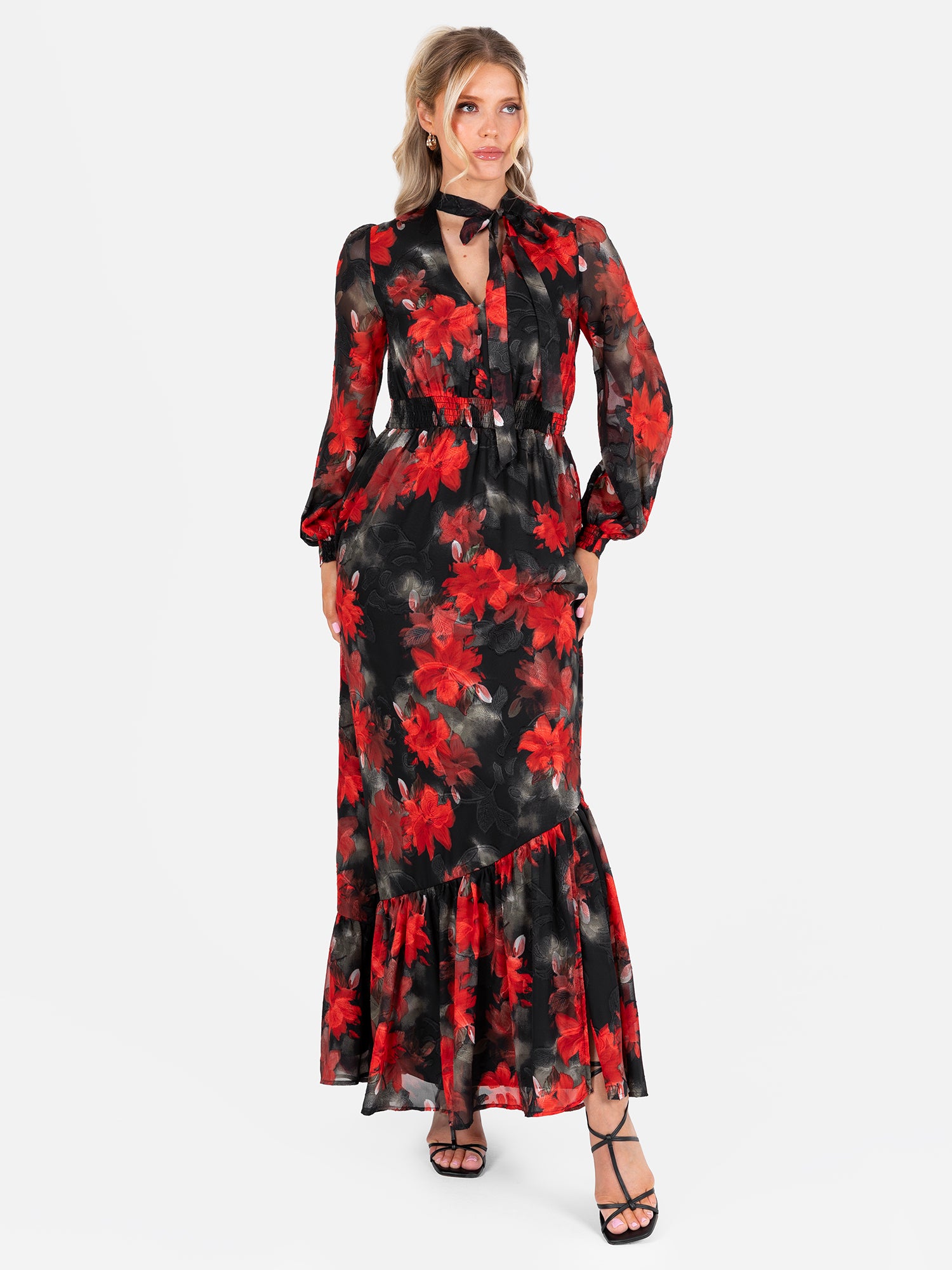 Lovedrobe Floral Tie Neck Long Sleeve & Shirred Waist Maxi Dress