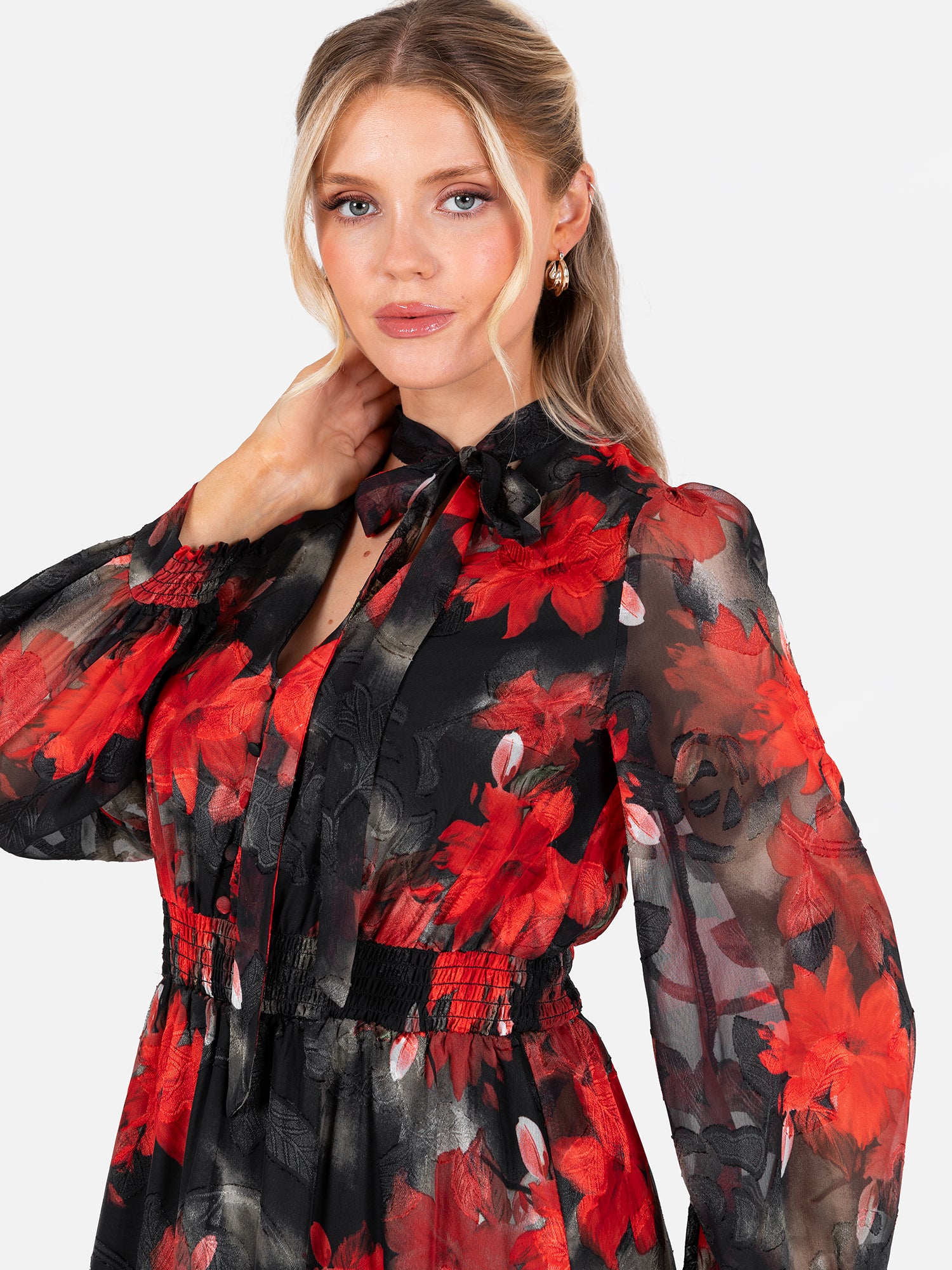 Lovedrobe Floral Tie Neck Long Sleeve & Shirred Waist Maxi Dress