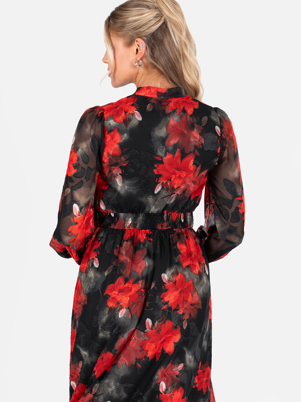 Lovedrobe Floral Tie Neck Long Sleeve & Shirred Waist Maxi Dress
