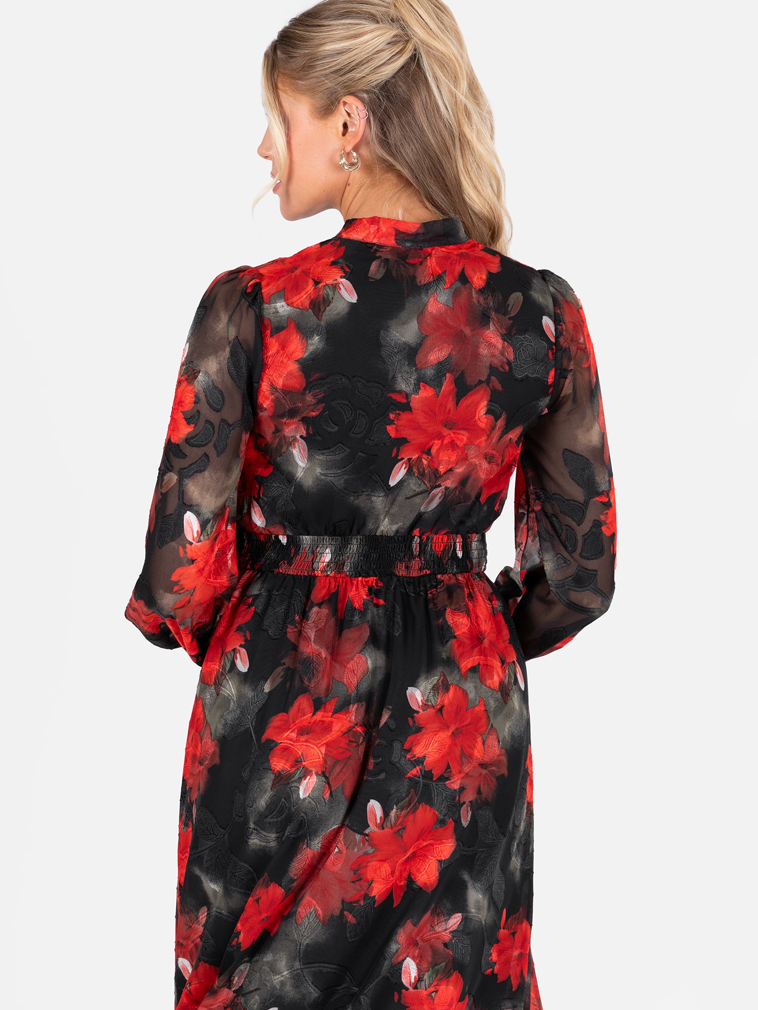 Lovedrobe Floral Tie Neck Long Sleeve & Shirred Waist Maxi Dress