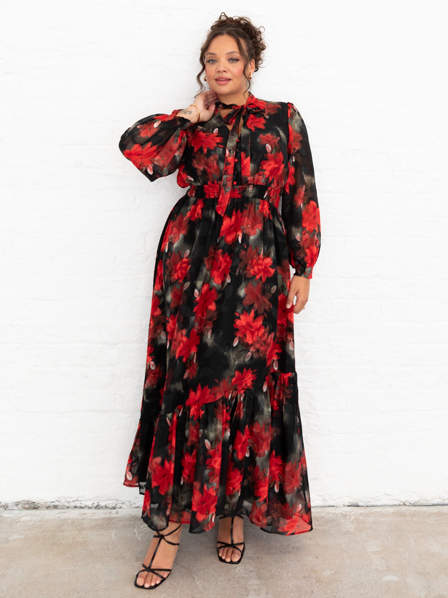 Lovedrobe Floral Tie Neck Long Sleeve & Shirred Waist Maxi Dress