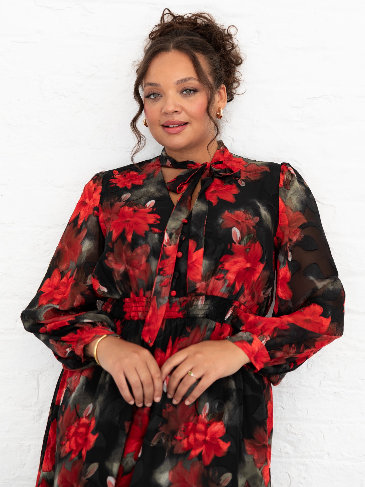 Lovedrobe Floral Tie Neck Long Sleeve & Shirred Waist Maxi Dress