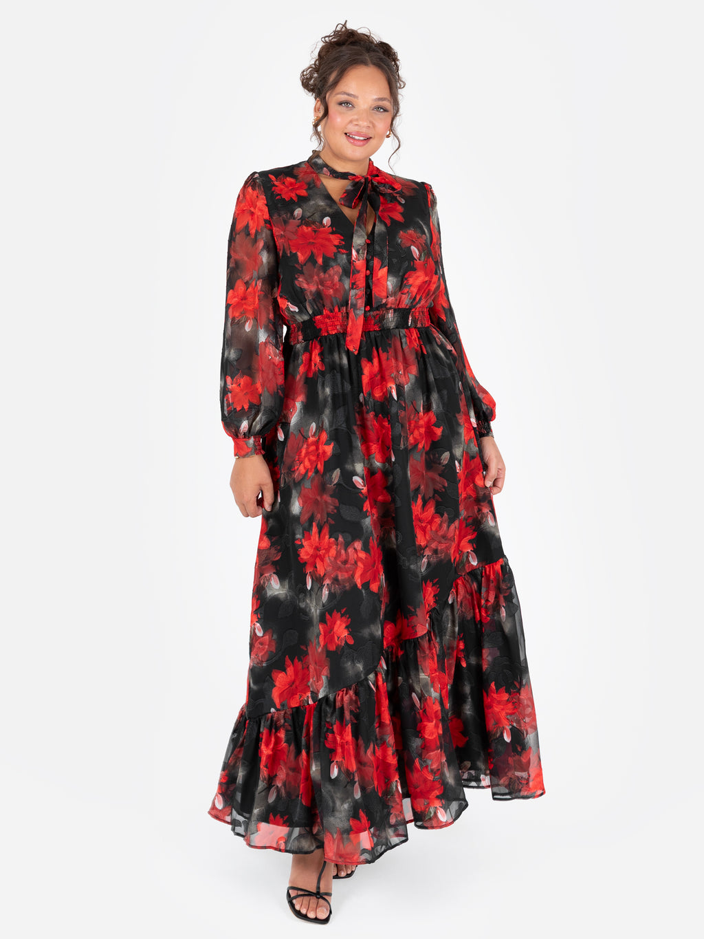 Lovedrobe Floral Tie Neck Long Sleeve & Shirred Waist Maxi Dress