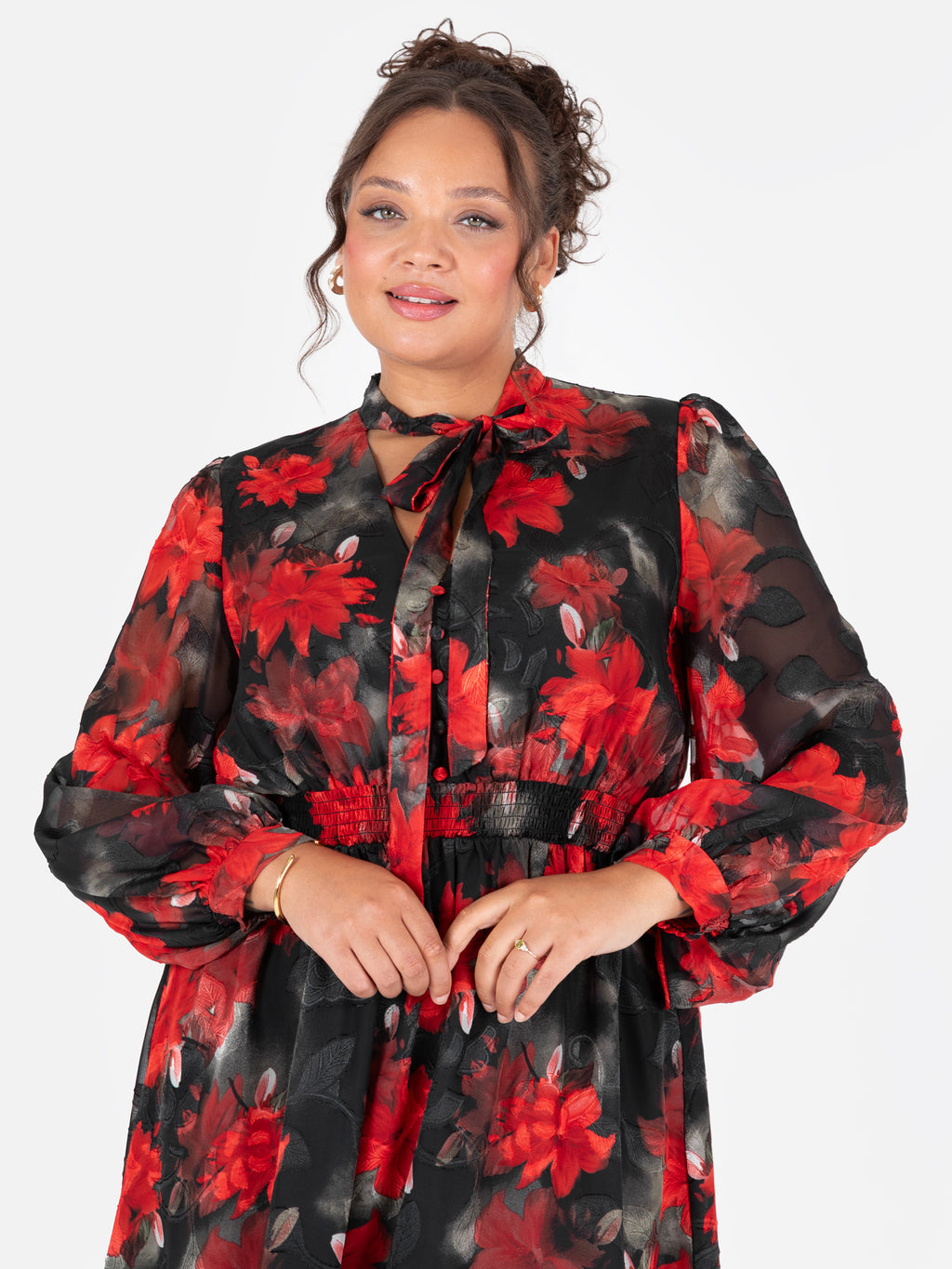 Lovedrobe Floral Tie Neck Long Sleeve & Shirred Waist Maxi Dress