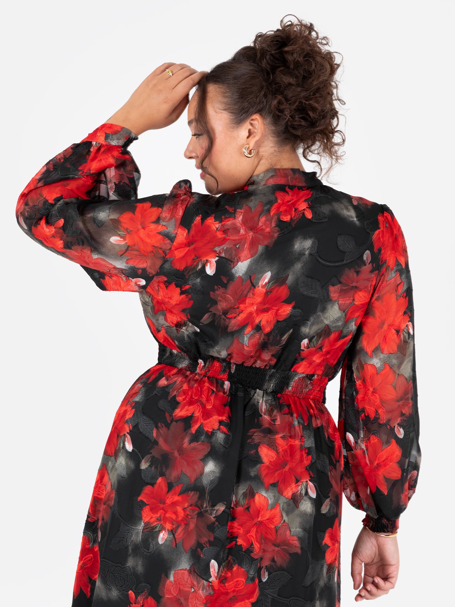 Lovedrobe Floral Tie Neck Long Sleeve & Shirred Waist Maxi Dress