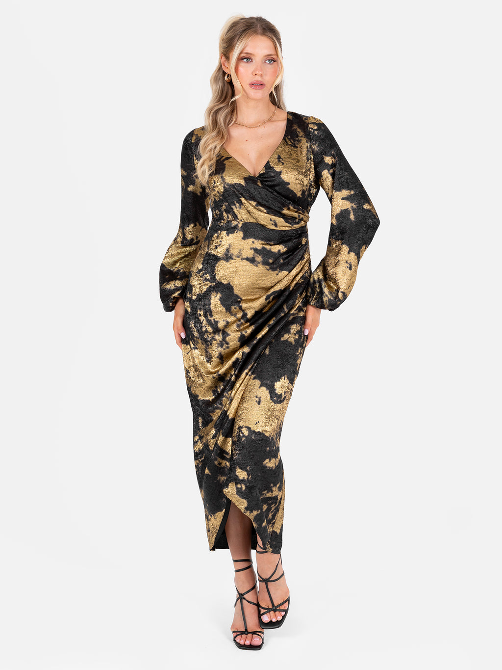 Lovedrobe Black and Gold Long Sleeve Faux Wrap Gathered Midaxi Dress
