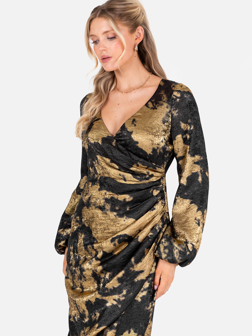Lovedrobe Black and Gold Long Sleeve Faux Wrap Gathered Midaxi Dress