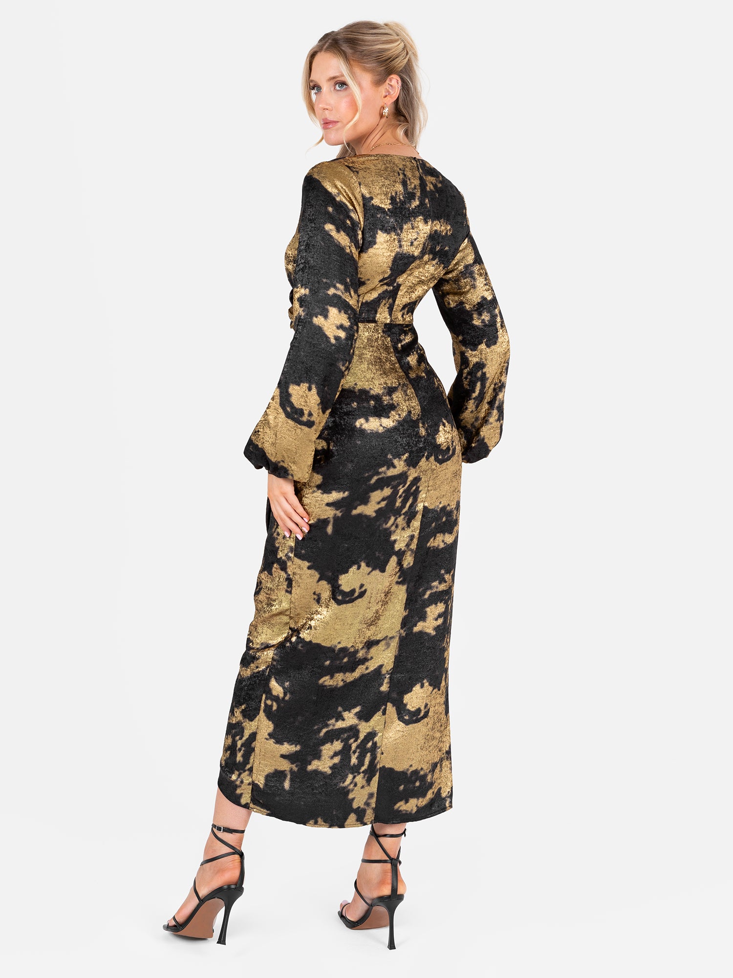 Lovedrobe Black and Gold Long Sleeve Faux Wrap Gathered Midaxi Dress