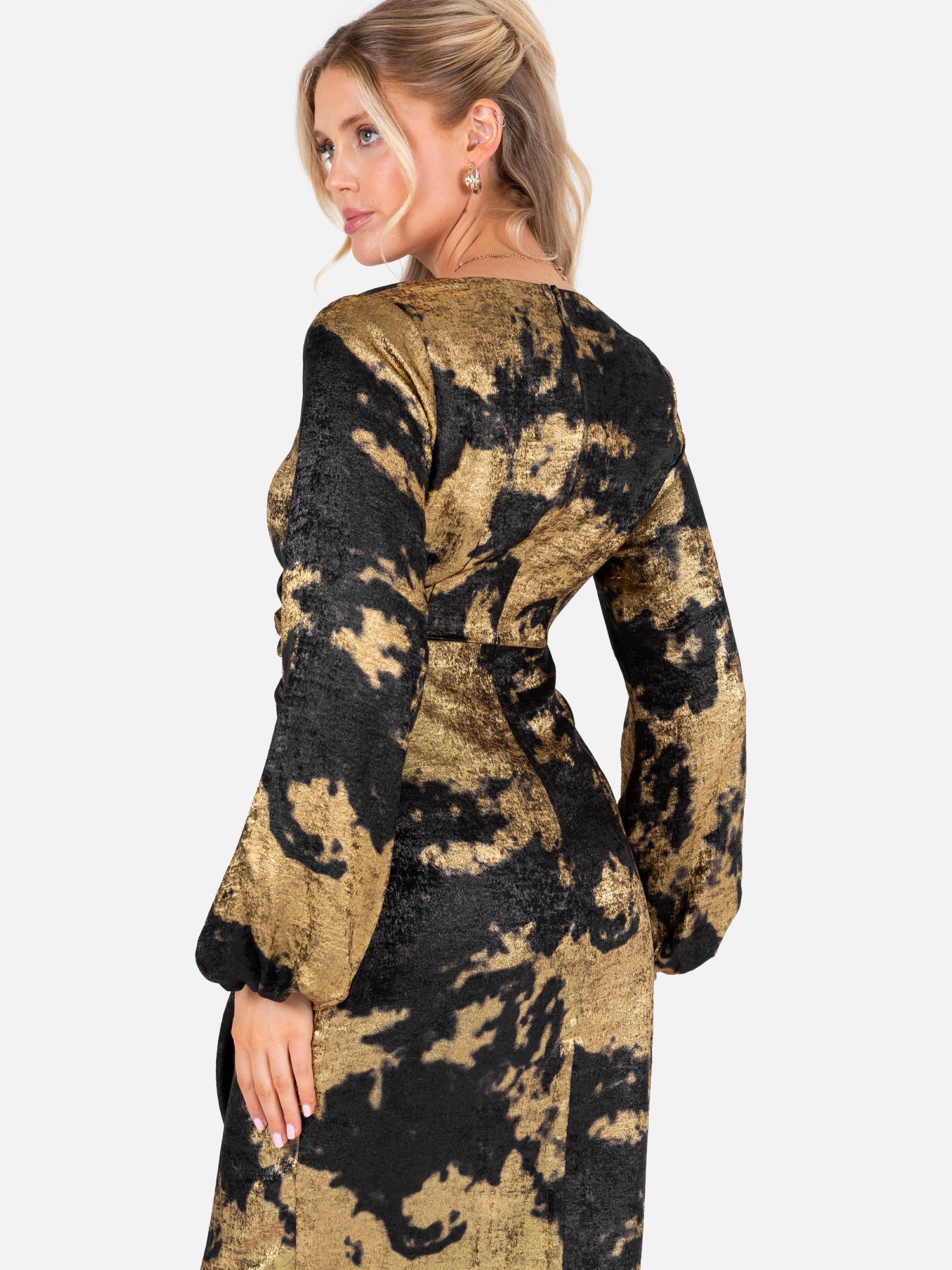 Lovedrobe Black and Gold Long Sleeve Faux Wrap Gathered Midaxi Dress