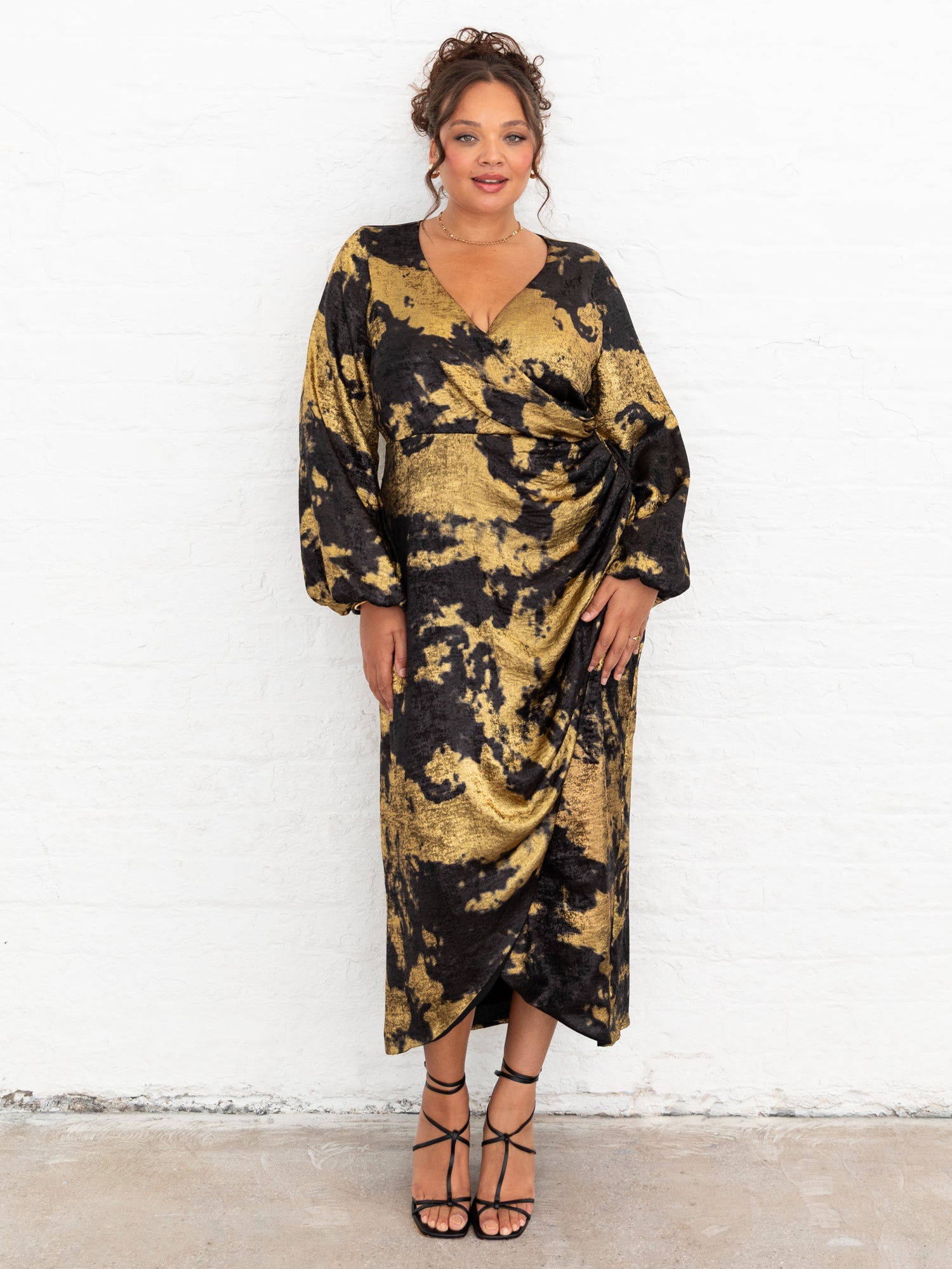 Lovedrobe Black and Gold Long Sleeve Faux Wrap Gathered Midaxi Dress