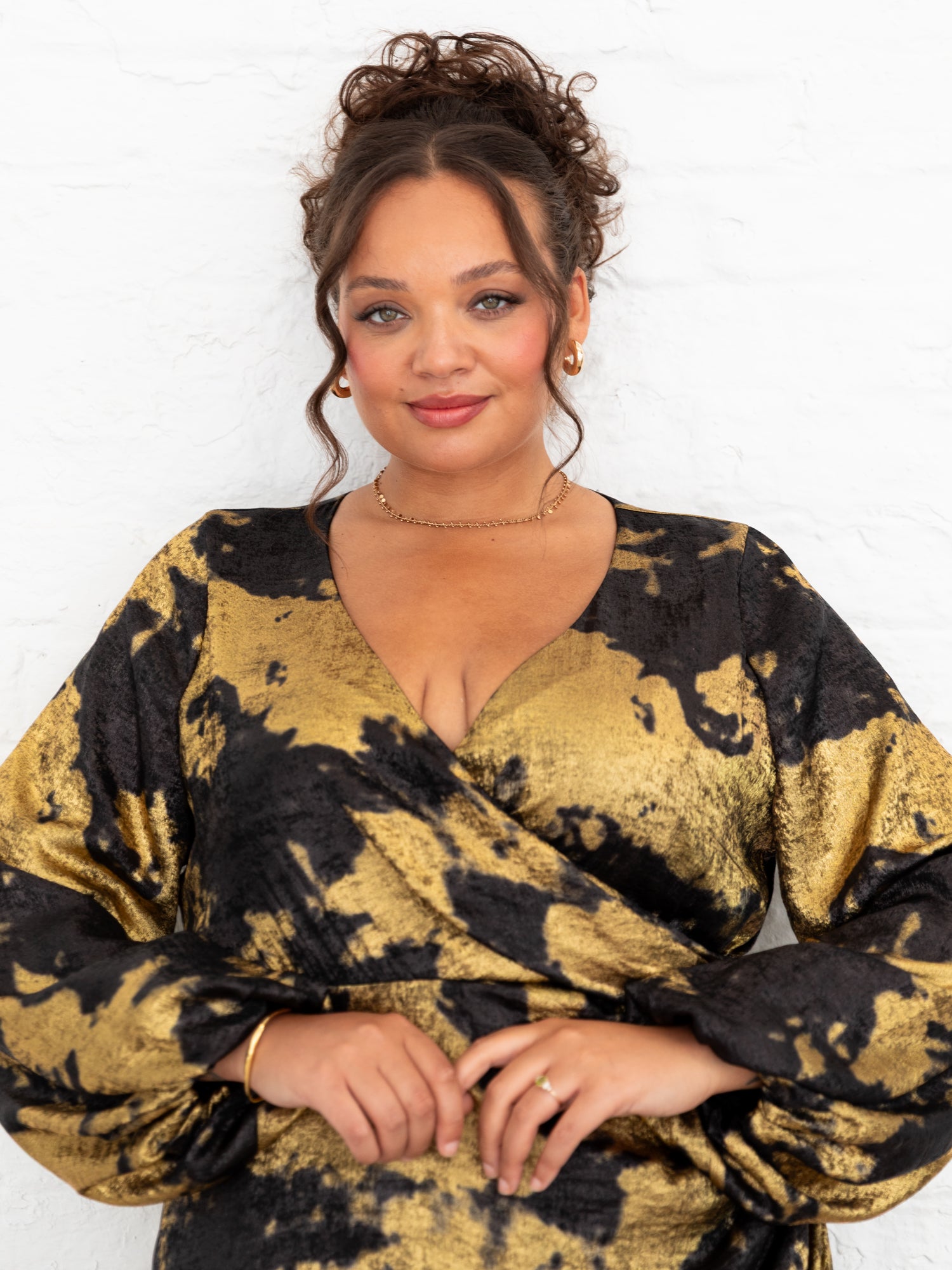 Lovedrobe Black and Gold Long Sleeve Faux Wrap Gathered Midaxi Dress