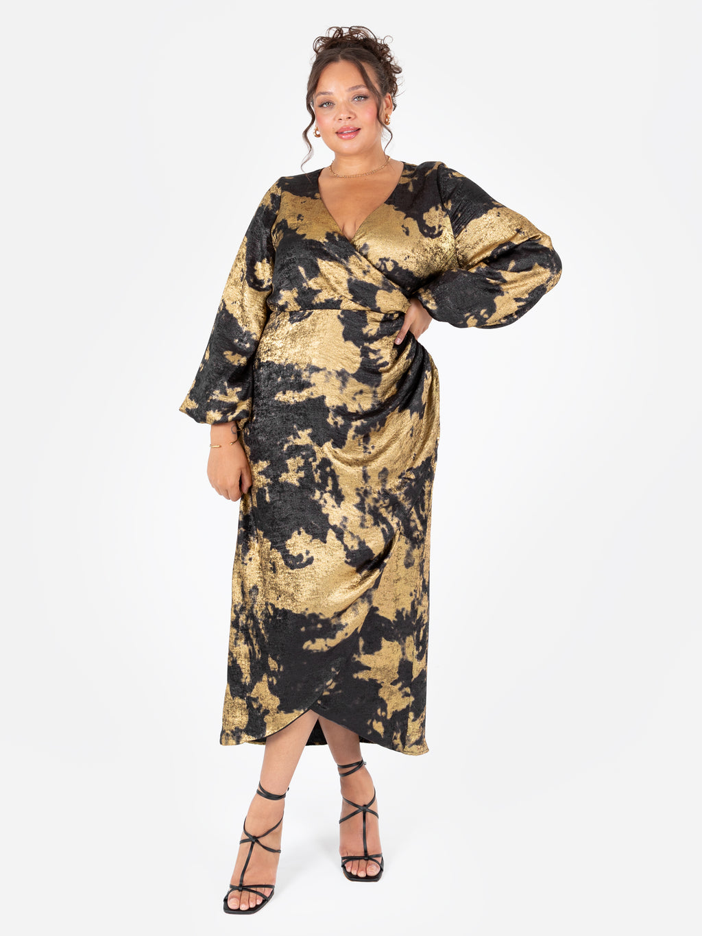 Lovedrobe Black and Gold Long Sleeve Faux Wrap Gathered Midaxi Dress