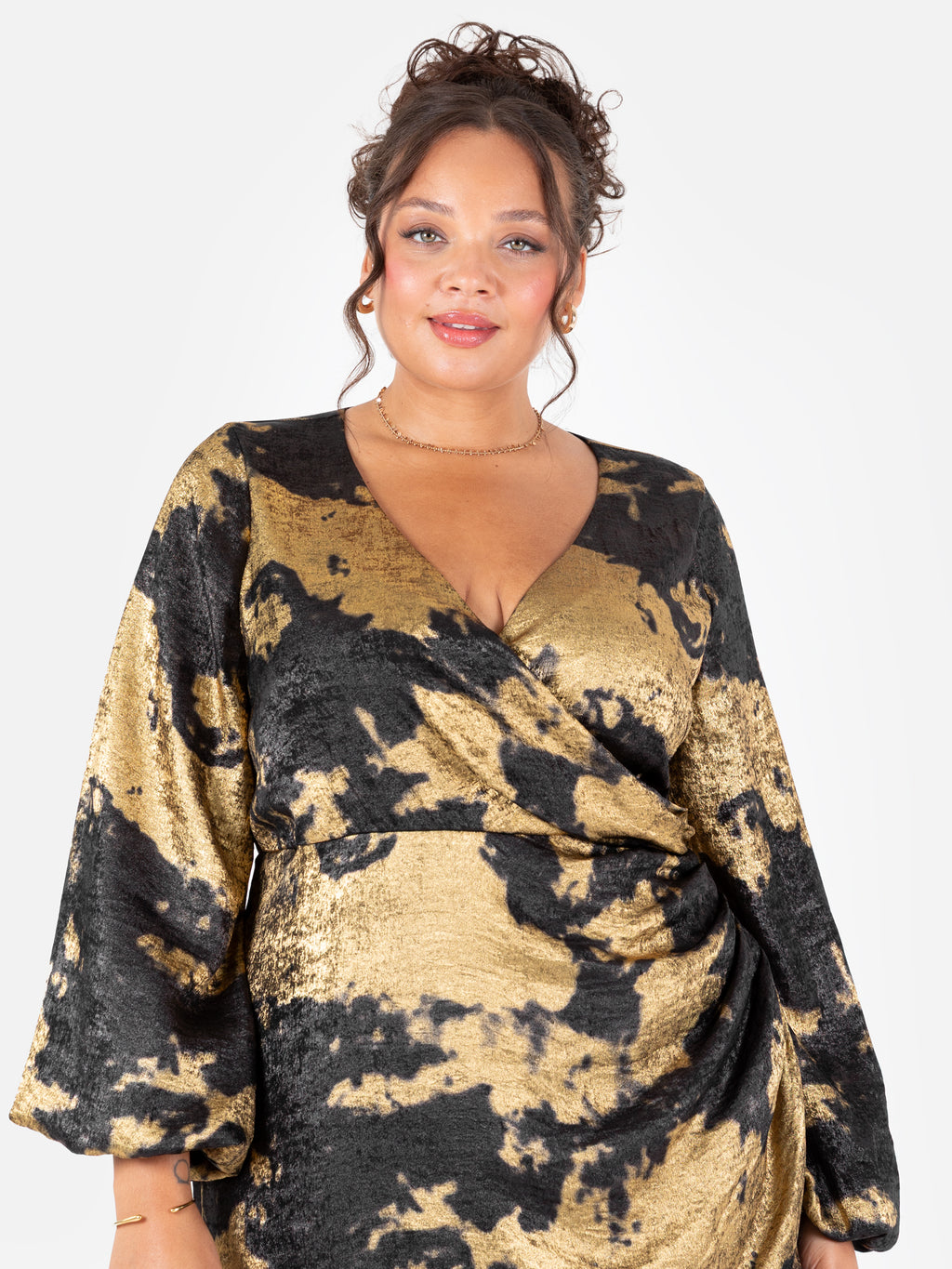 Lovedrobe Black and Gold Long Sleeve Faux Wrap Gathered Midaxi Dress