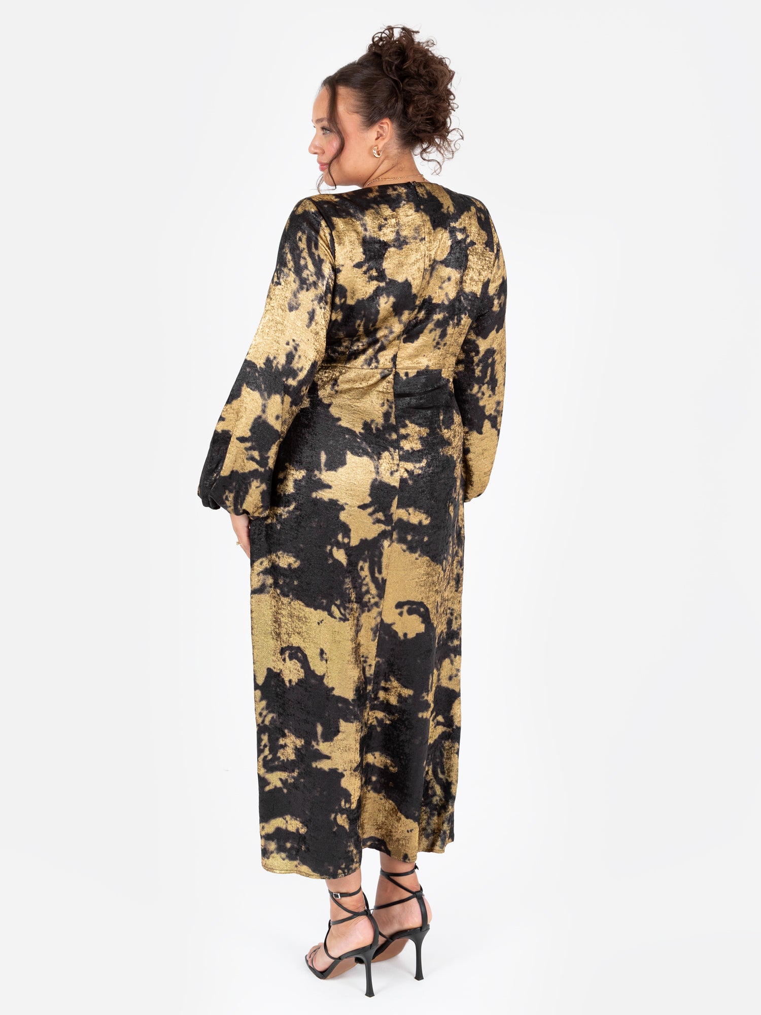 Lovedrobe Black and Gold Long Sleeve Faux Wrap Gathered Midaxi Dress