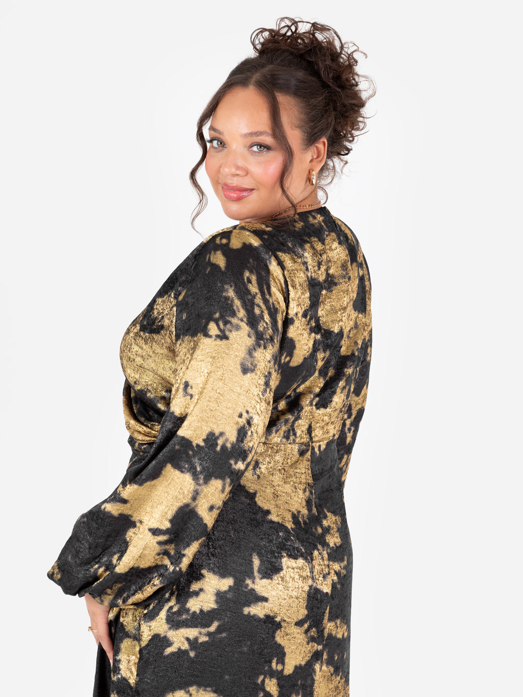Lovedrobe Black and Gold Long Sleeve Faux Wrap Gathered Midaxi Dress