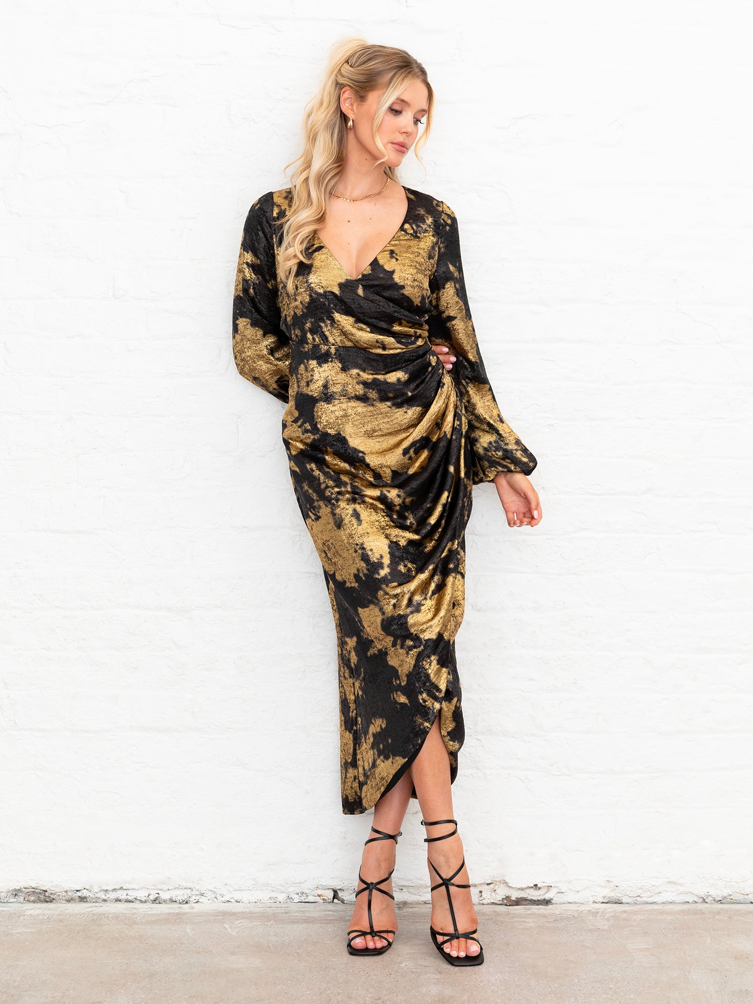 Lovedrobe Black and Gold Long Sleeve Faux Wrap Gathered Midaxi Dress