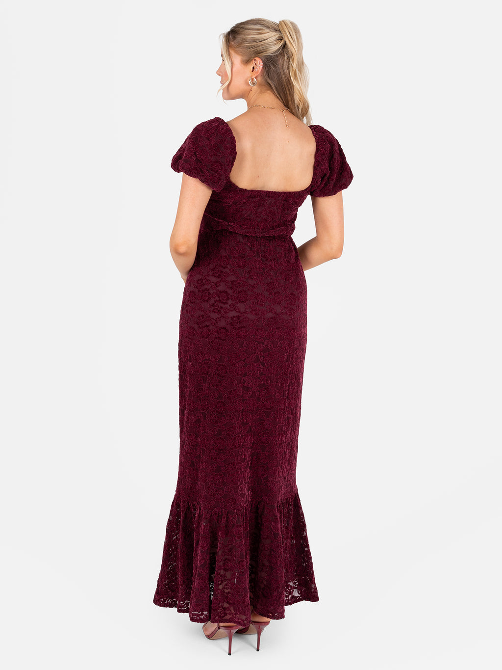 Lovedrobe Burgundy Floral Velvet Lace Square Neck Midaxi Dress