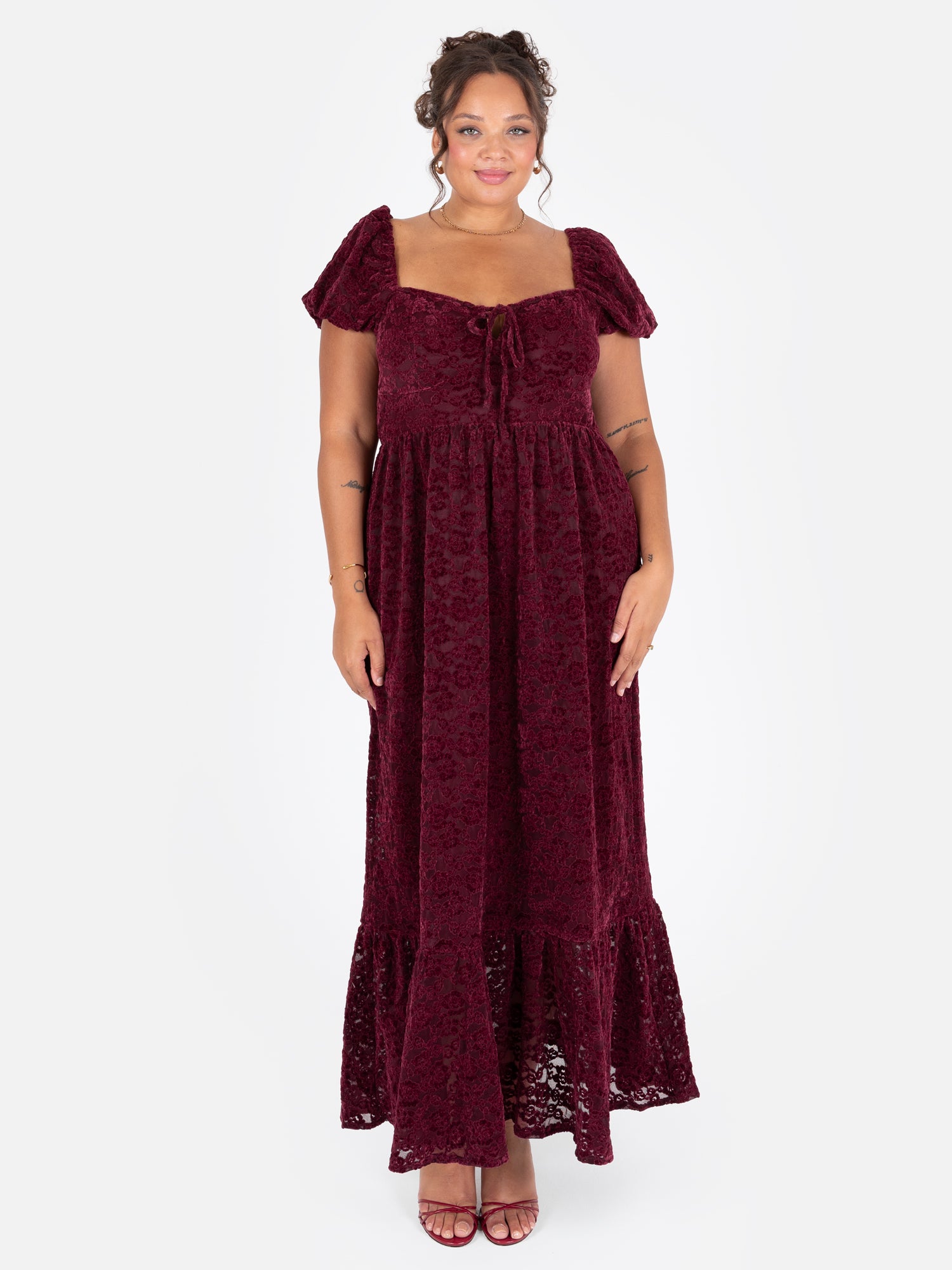 Lovedrobe Burgundy Floral Velvet Lace Square Neck Midaxi Dress