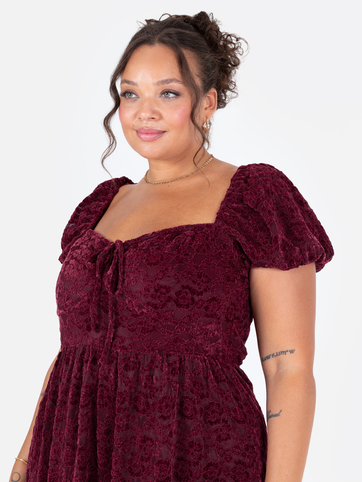 Lovedrobe Burgundy Floral Velvet Lace Square Neck Midaxi Dress