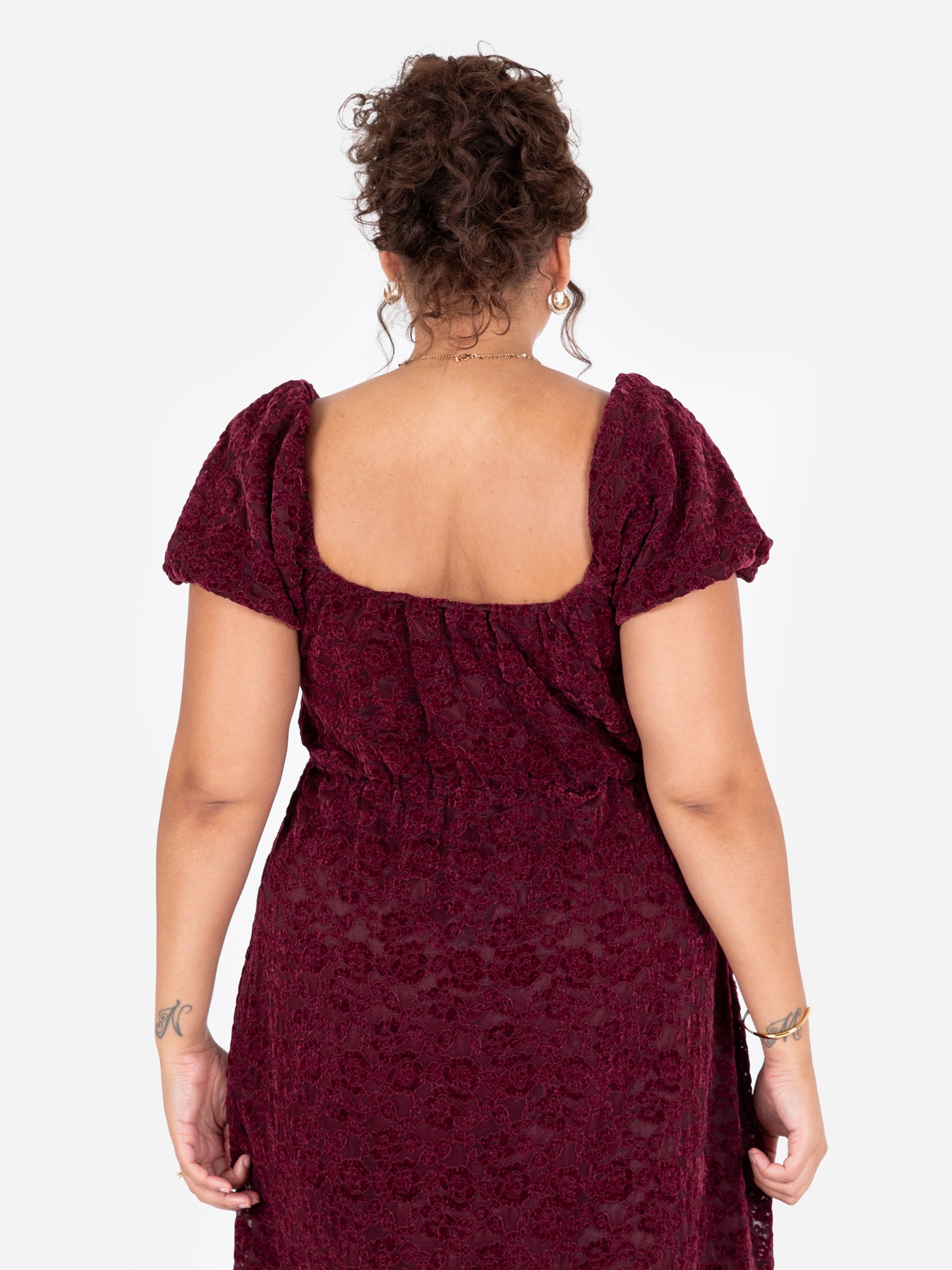 Lovedrobe Burgundy Floral Velvet Lace Square Neck Midaxi Dress