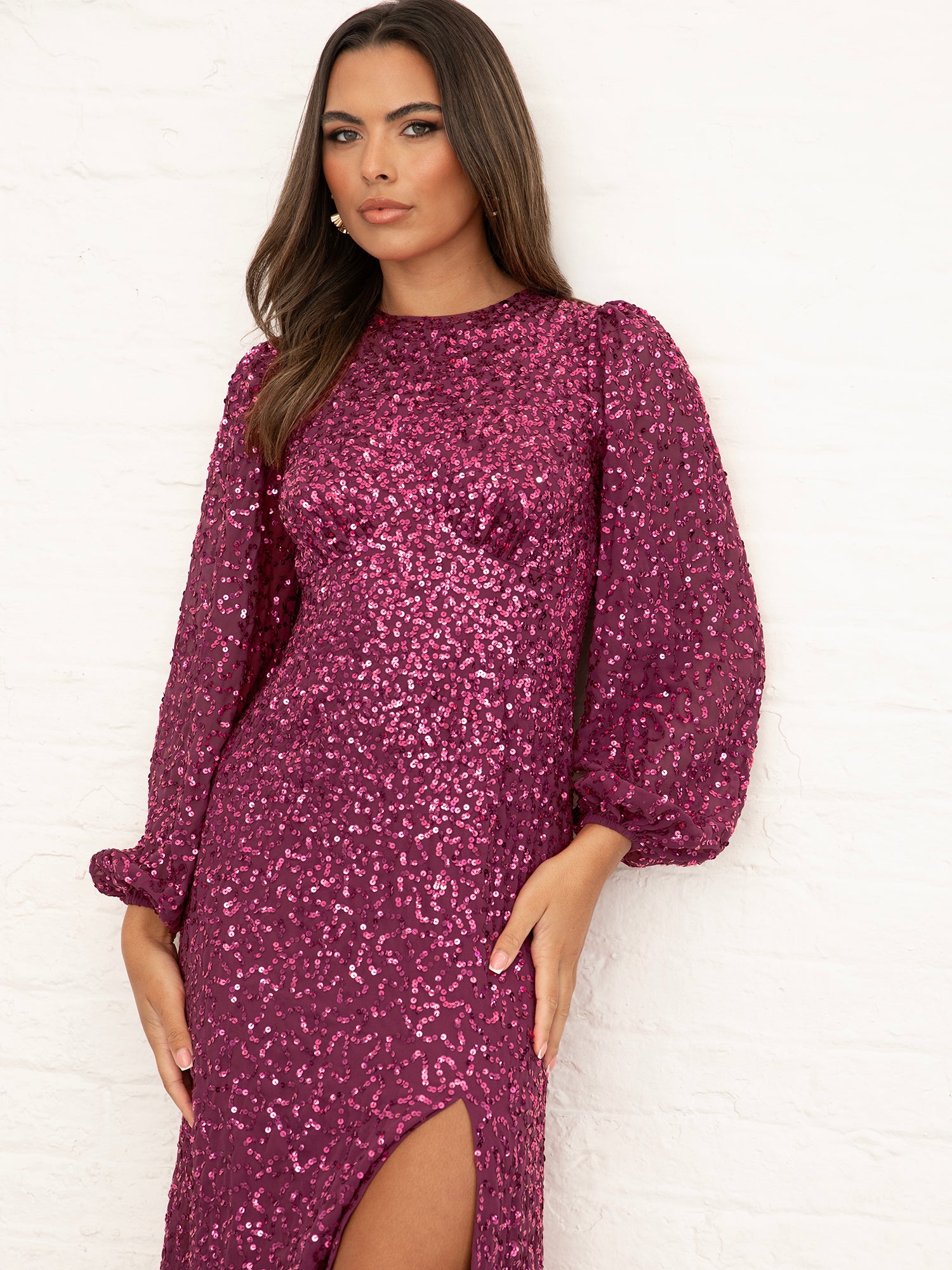 Maya Pink Fully Embellished Blouson Sleeve Maxi Dress