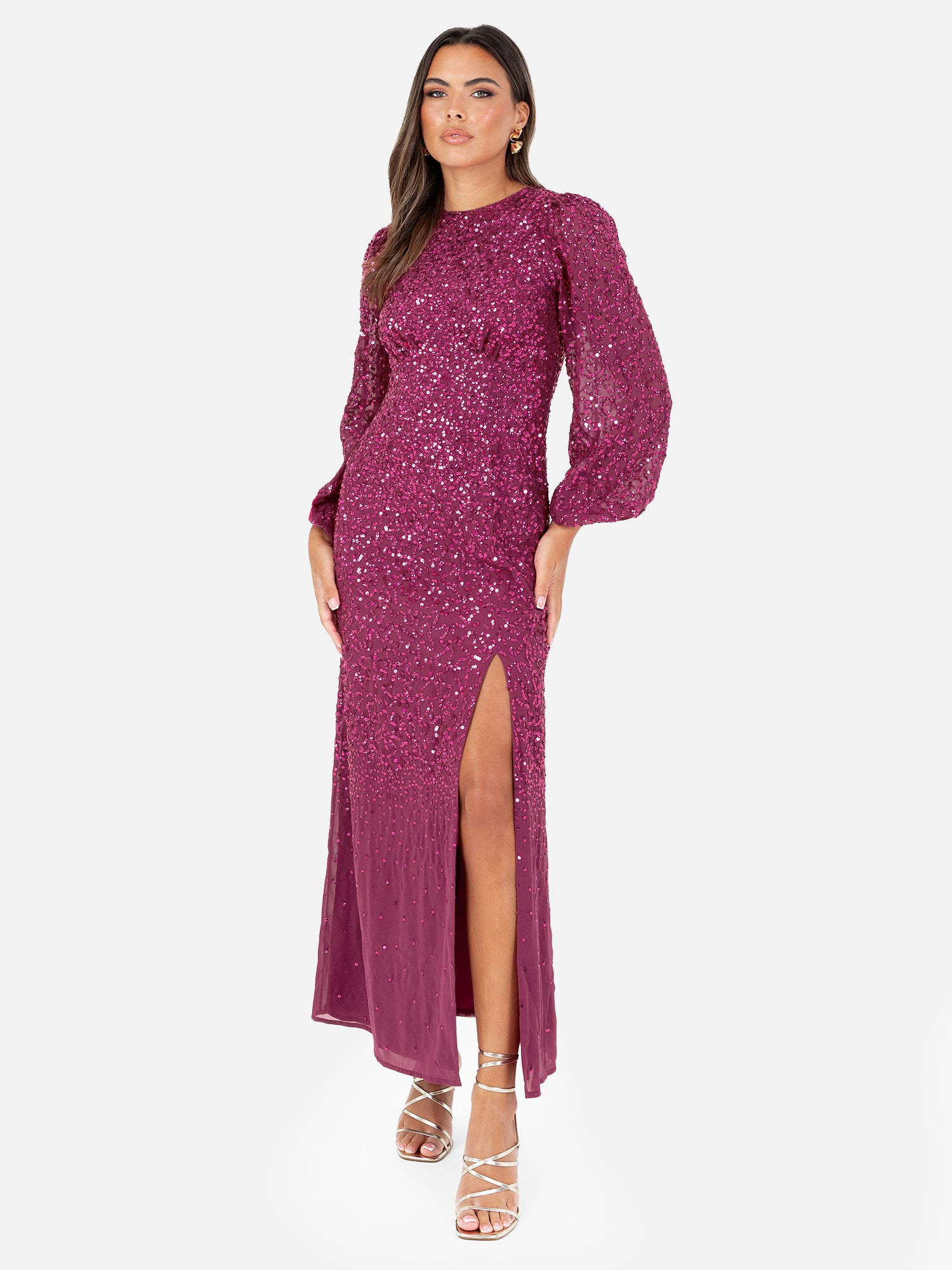 Maya Pink Fully Embellished Blouson Sleeve Maxi Dress