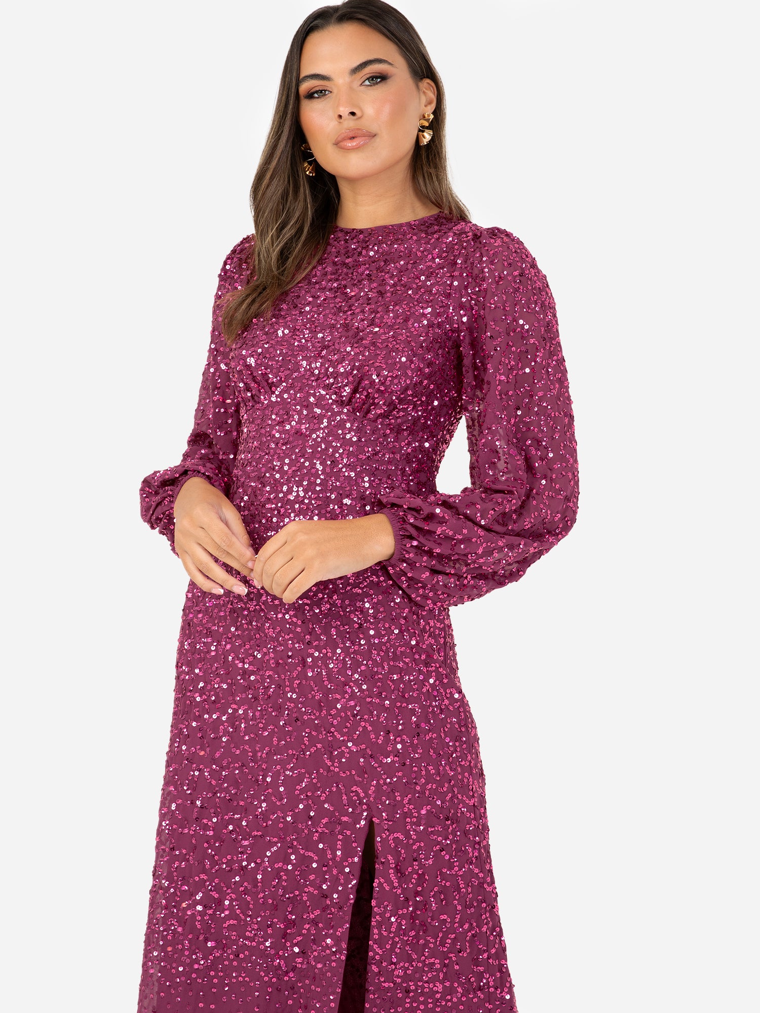 Maya Pink Fully Embellished Blouson Sleeve Maxi Dress
