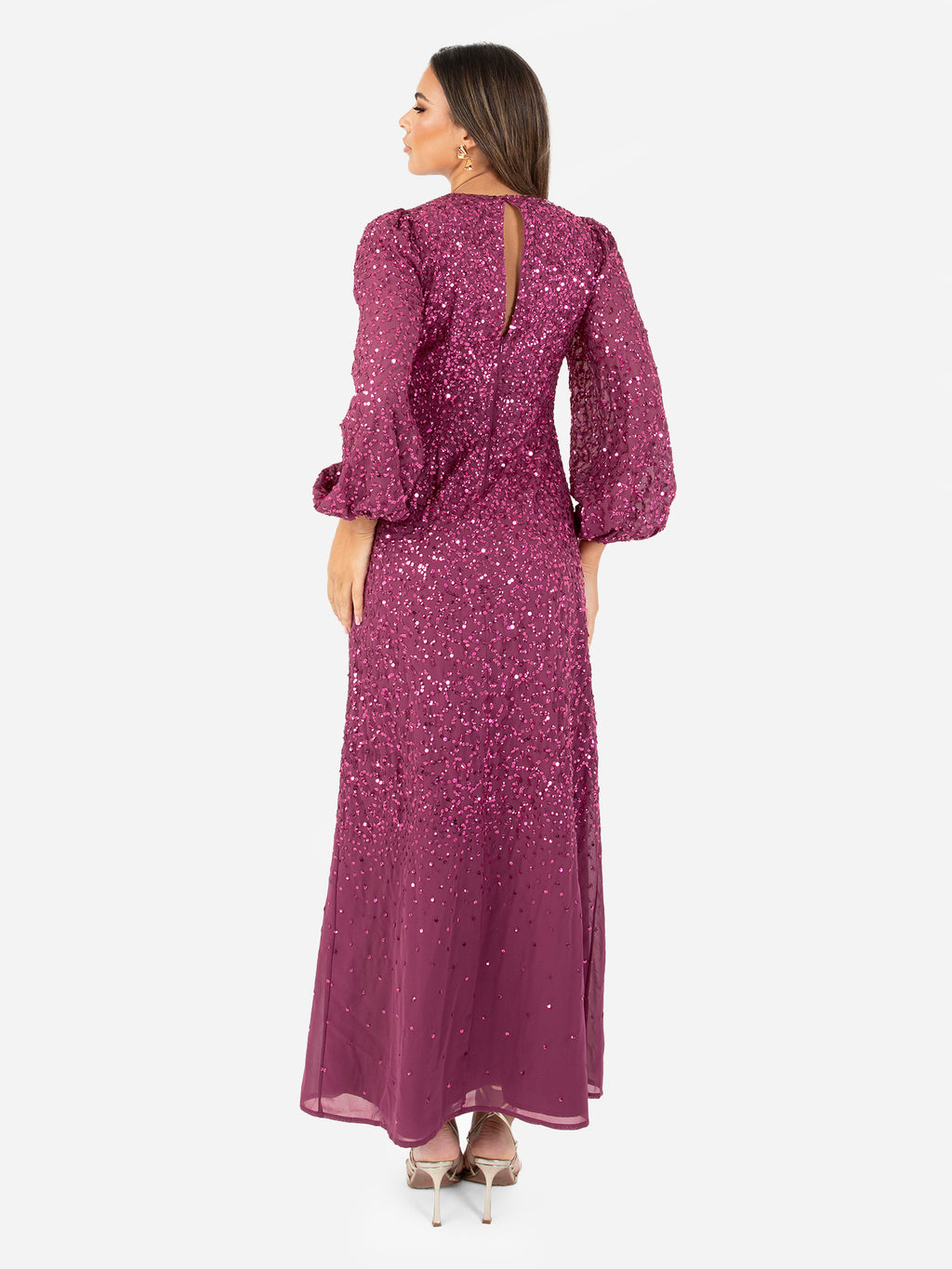 Maya Pink Fully Embellished Blouson Sleeve Maxi Dress