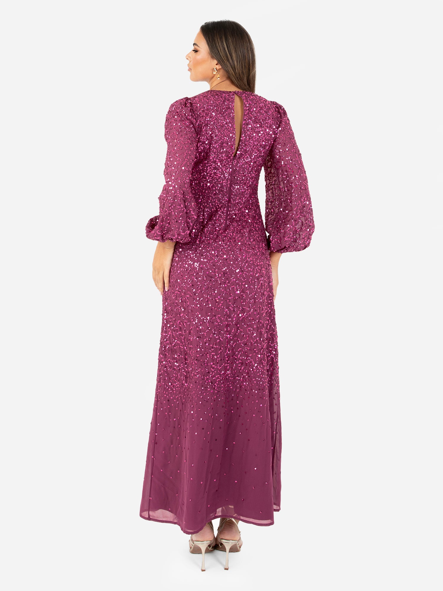 Maya Pink Fully Embellished Blouson Sleeve Maxi Dress