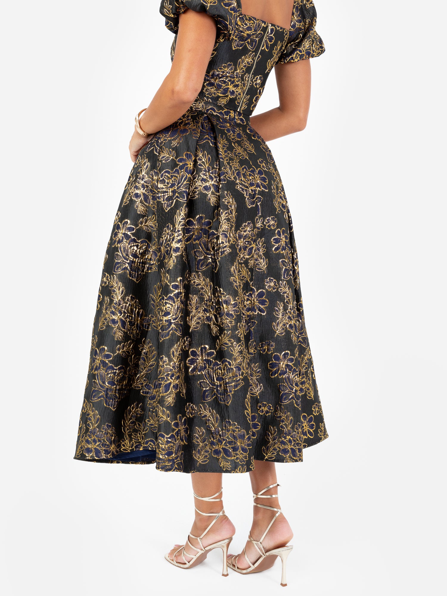 Maya Gold Floral Jacquard Pleated Midi Skirt with Pockets