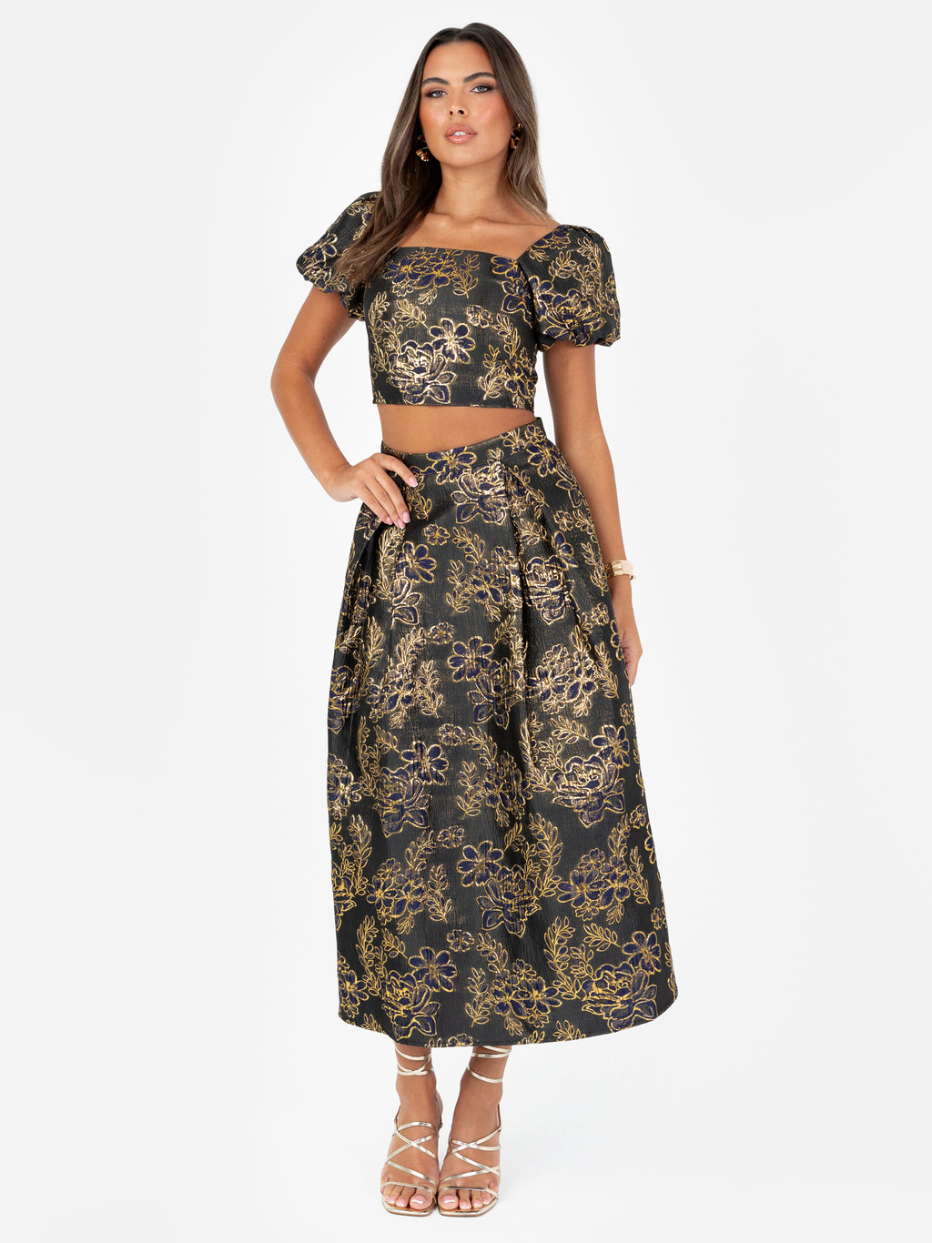 Maya Floral Jacquard Square Neck Puff Sleeve Crop Top
