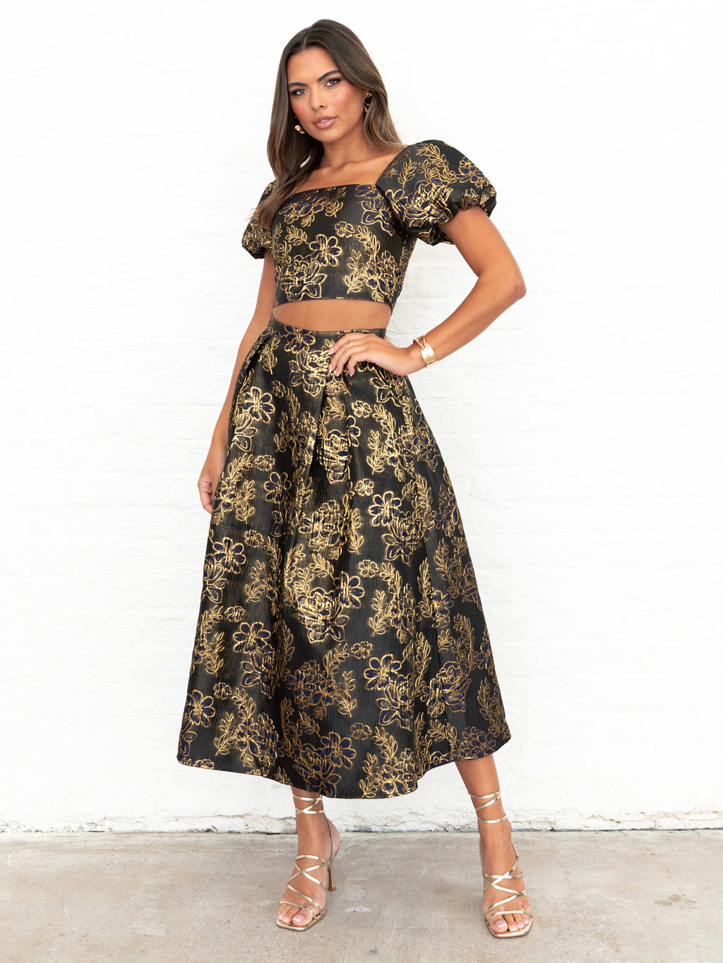 Maya Floral Jacquard Square Neck Puff Sleeve Crop Top