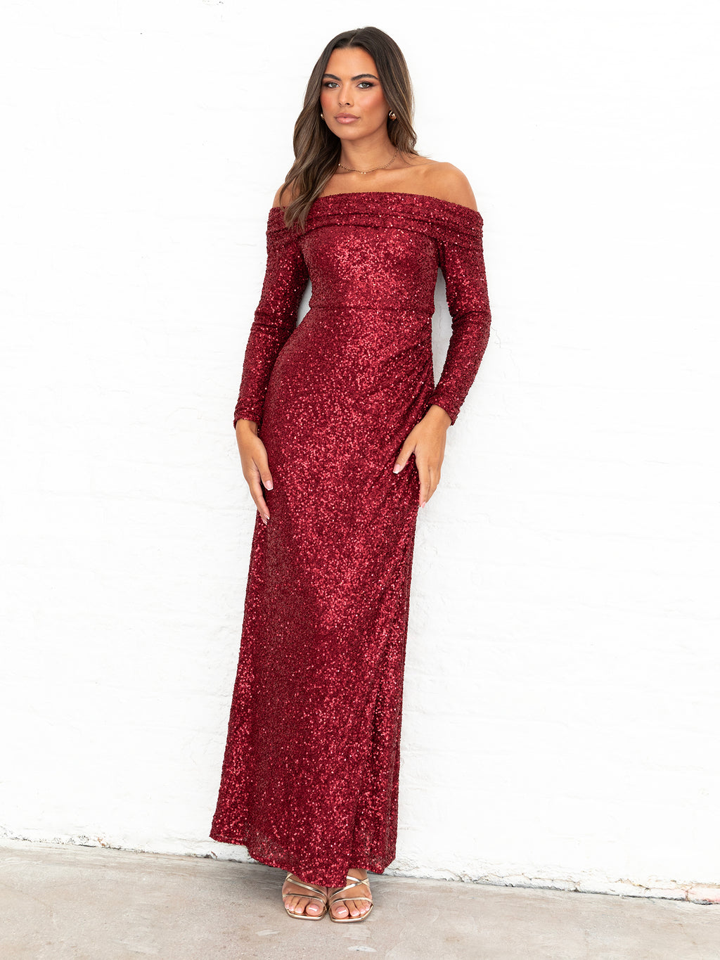 Maya Fully Embellished Red Long Sleeve Bardot Maxi Dress