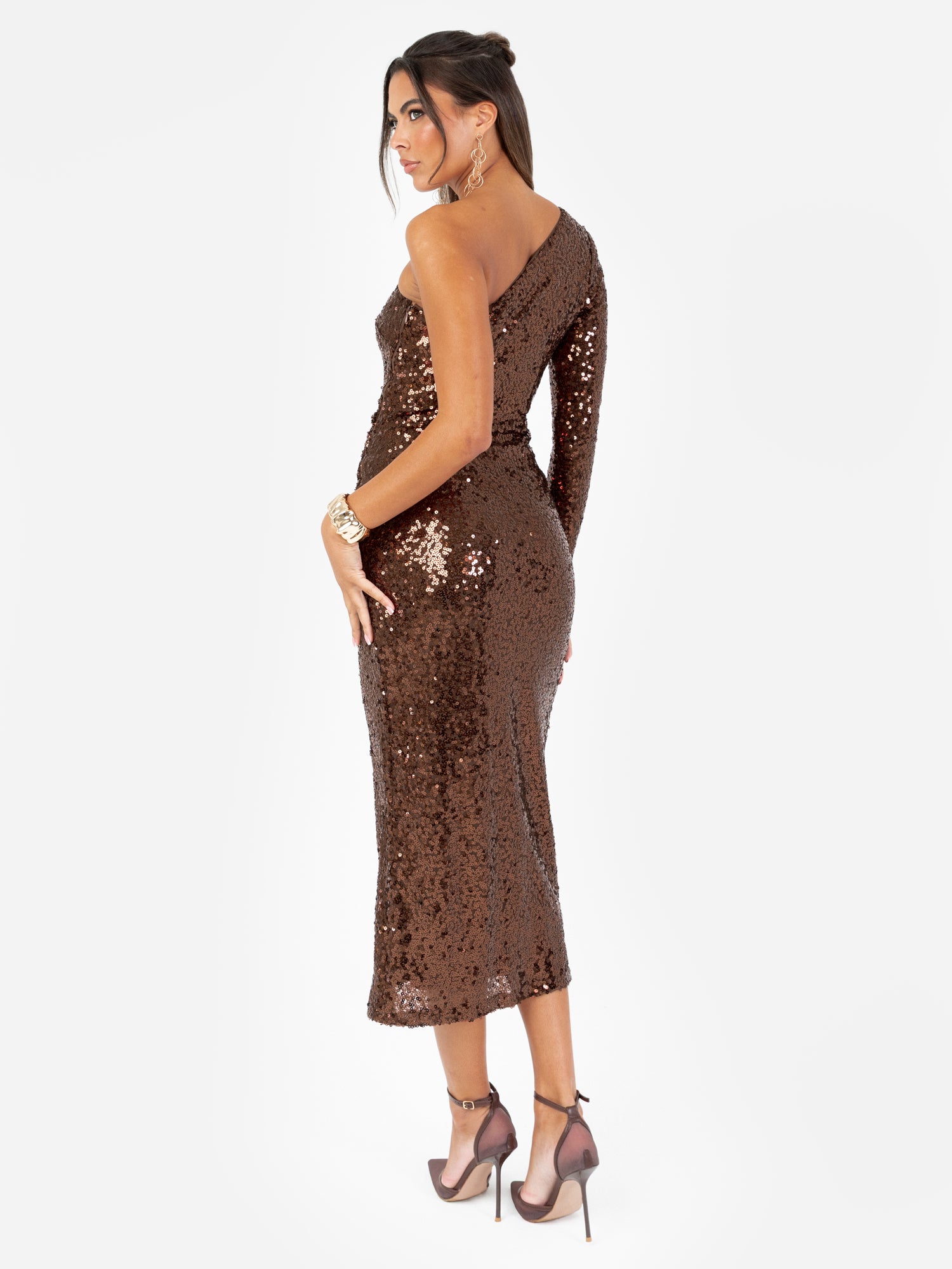 Maya Brown Fully Embellished One Sleeve Midaxi Dress