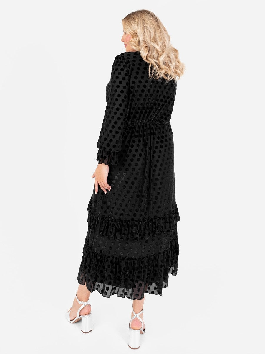 Lovedrobe Black Flocked Polka Dot Midaxi Dress