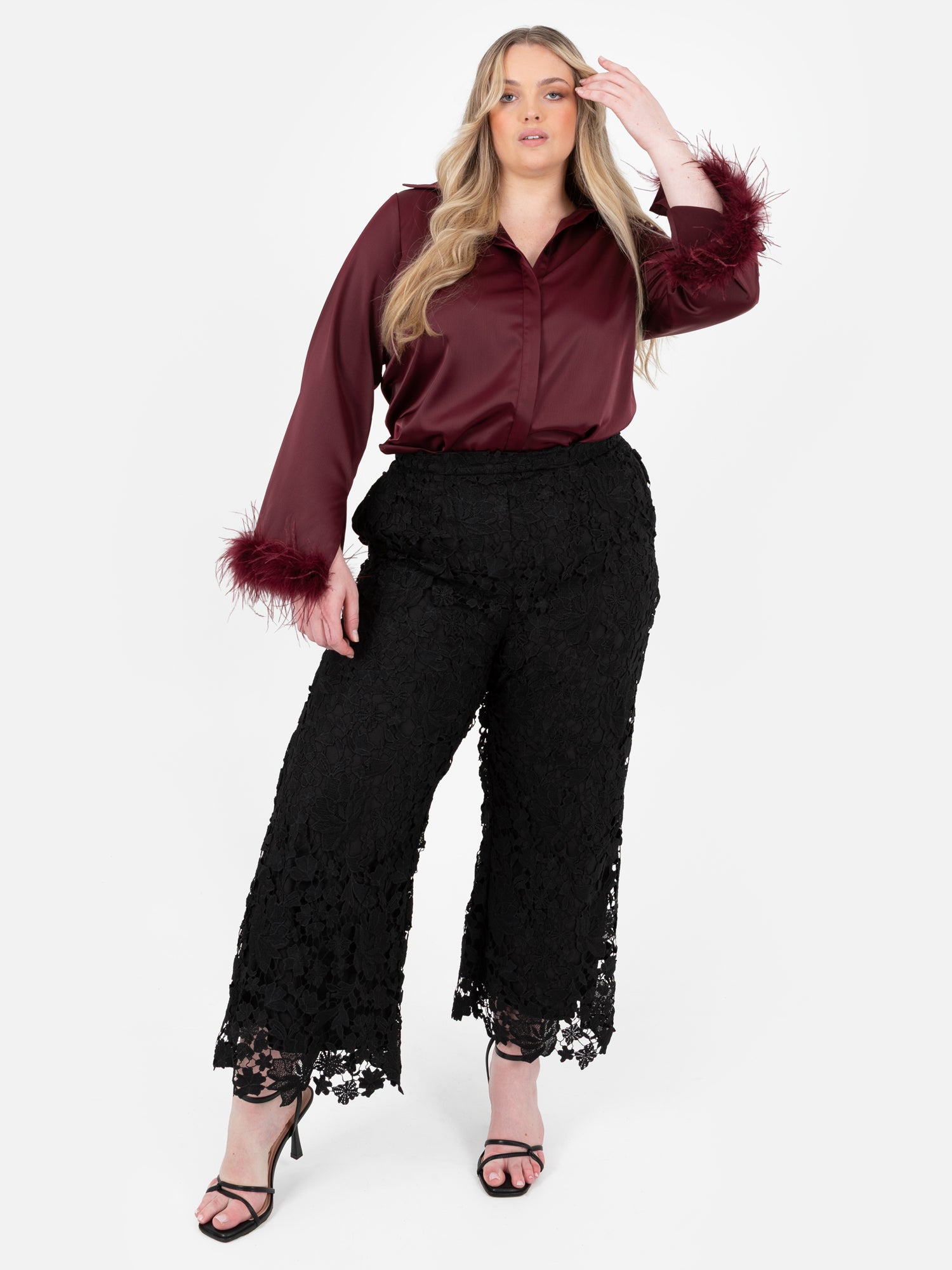 Lovedrobe Burgundy Satin Shirt with Feather Cuffs