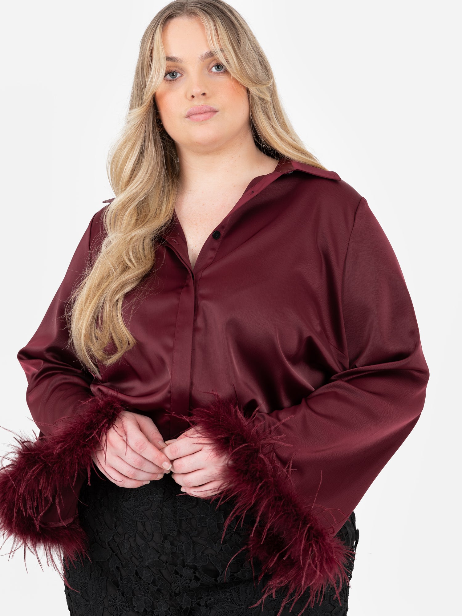 Lovedrobe Burgundy Satin Shirt with Feather Cuffs